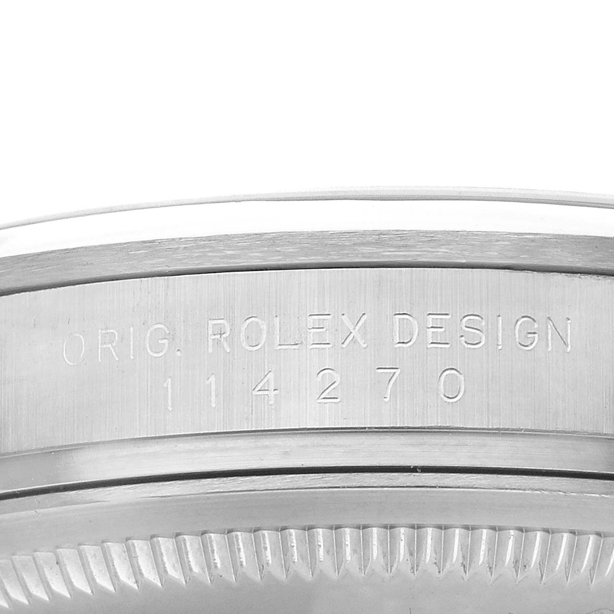 The image shows a close-up of the side of the Rolex Explorer 114270 Men's Stainless Steel Black Dial model, focusing on the engraved design and model number.