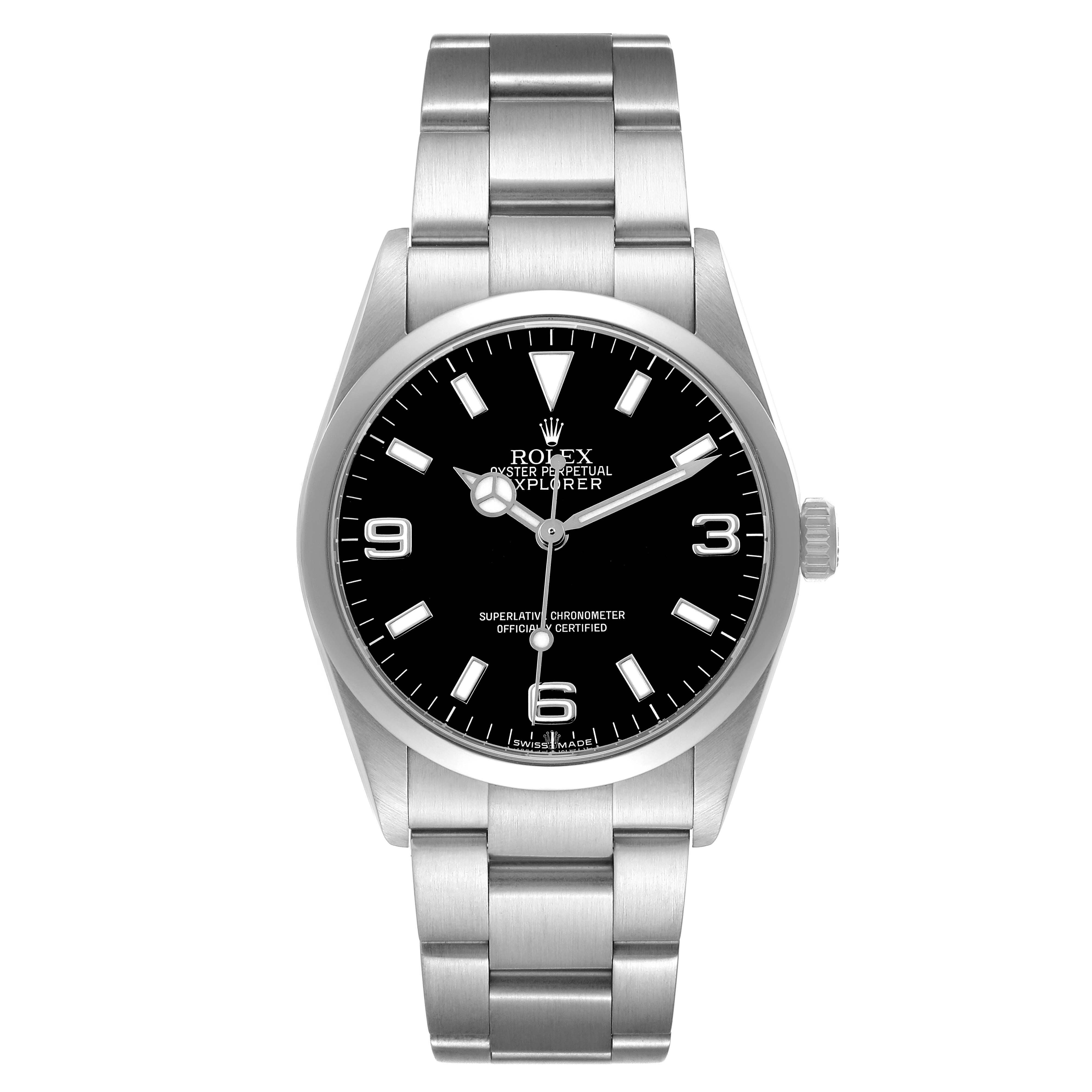 The Rolex Explorer 114270 Men's Stainless Steel Black Dial watch is shown from a front angle, displaying the entire face, bezel, and part of the bracelet.