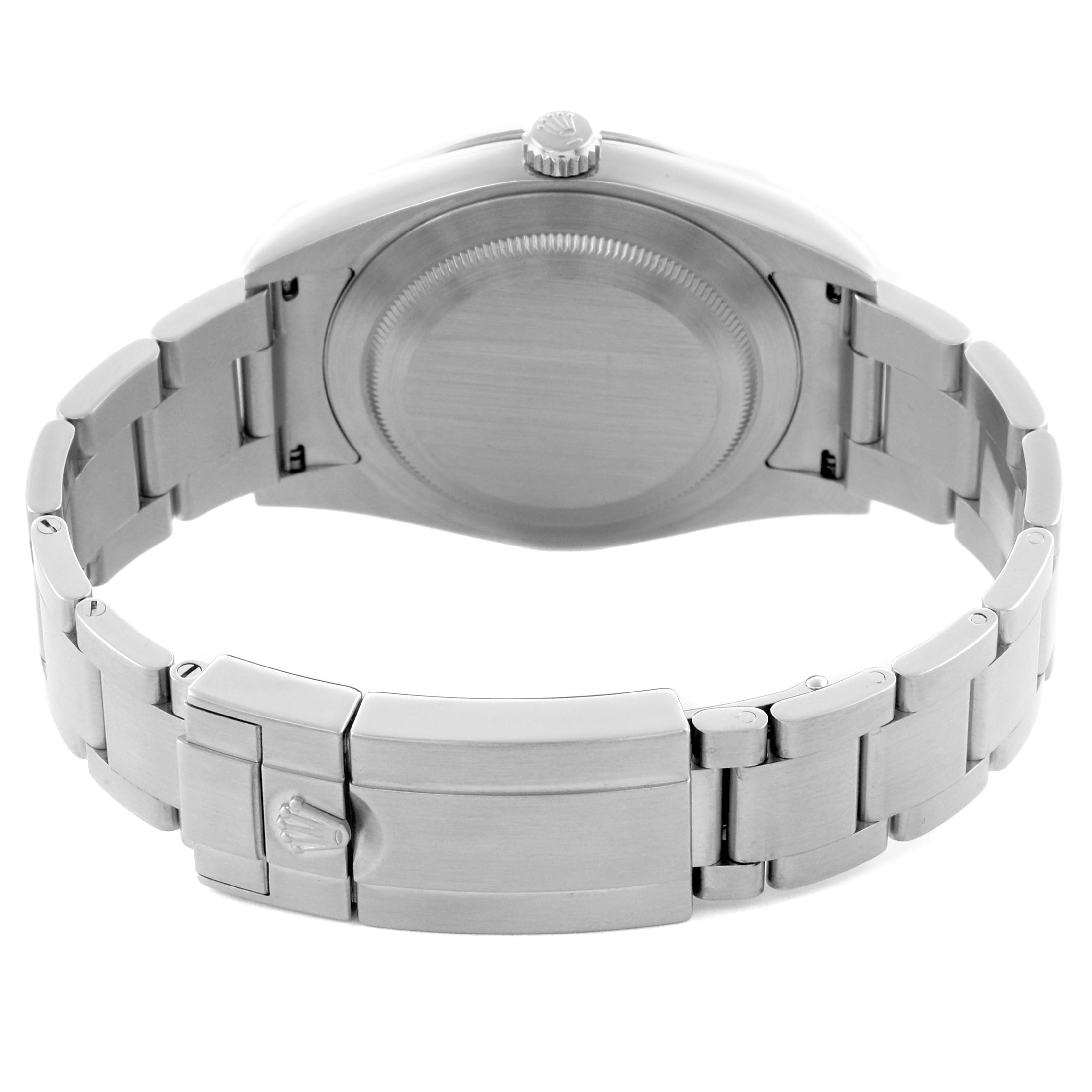 The image shows the back of a Rolex Explorer 214270 Men's Stainless Steel Black Dial 214270 Men's Stainless Steel Black Dial watch, highlighting the bracelet, clasp, and case back.