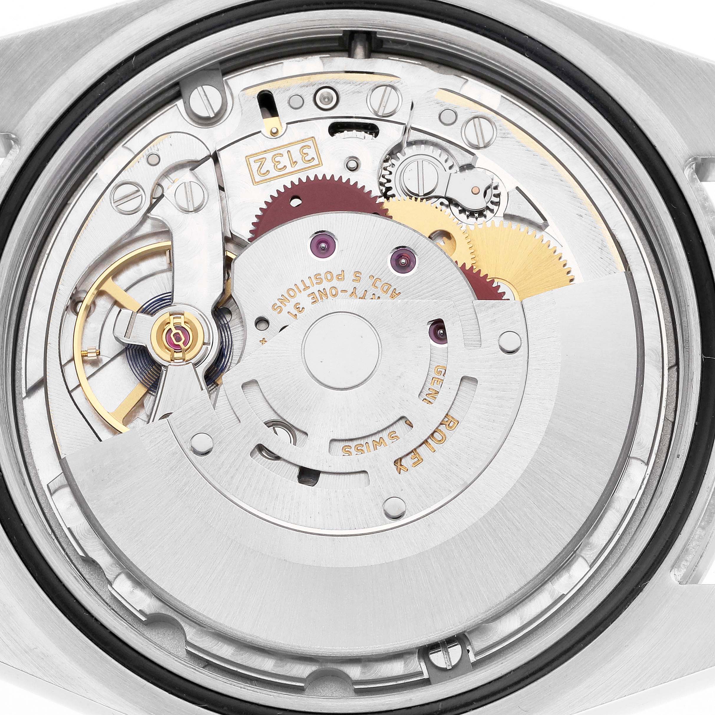 The image shows the back view of a Rolex Explorer 214270 Men's Stainless Steel Black Dial 214270 Men's Stainless Steel Black Dial watch, highlighting its internal mechanical movement.