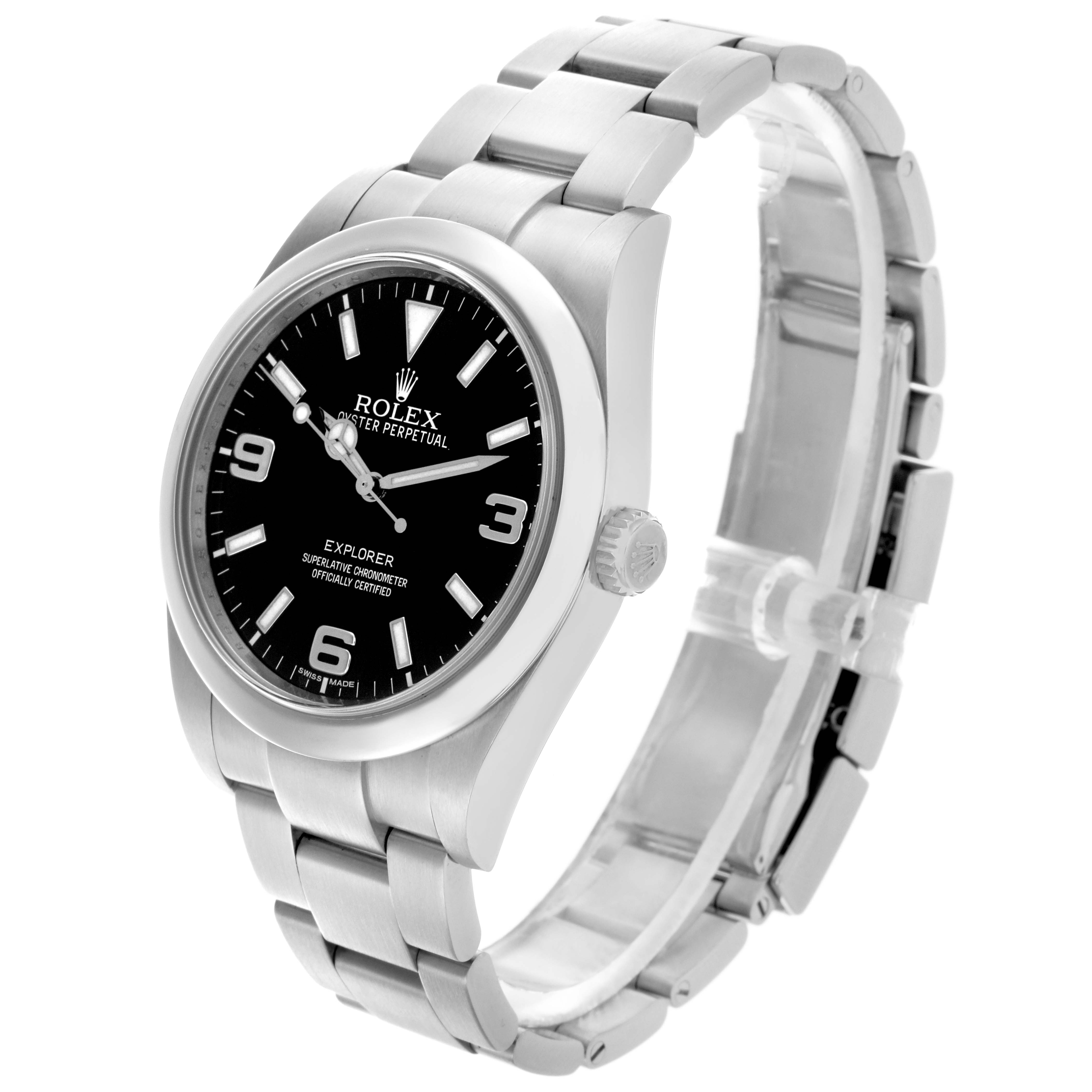 The Rolex Explorer 214270 Men's Stainless Steel Black Dial 214270 Men's Stainless Steel Black Dial watch is shown at a three-quarter angle, highlighting the face, bezel, crown, and bracelet.