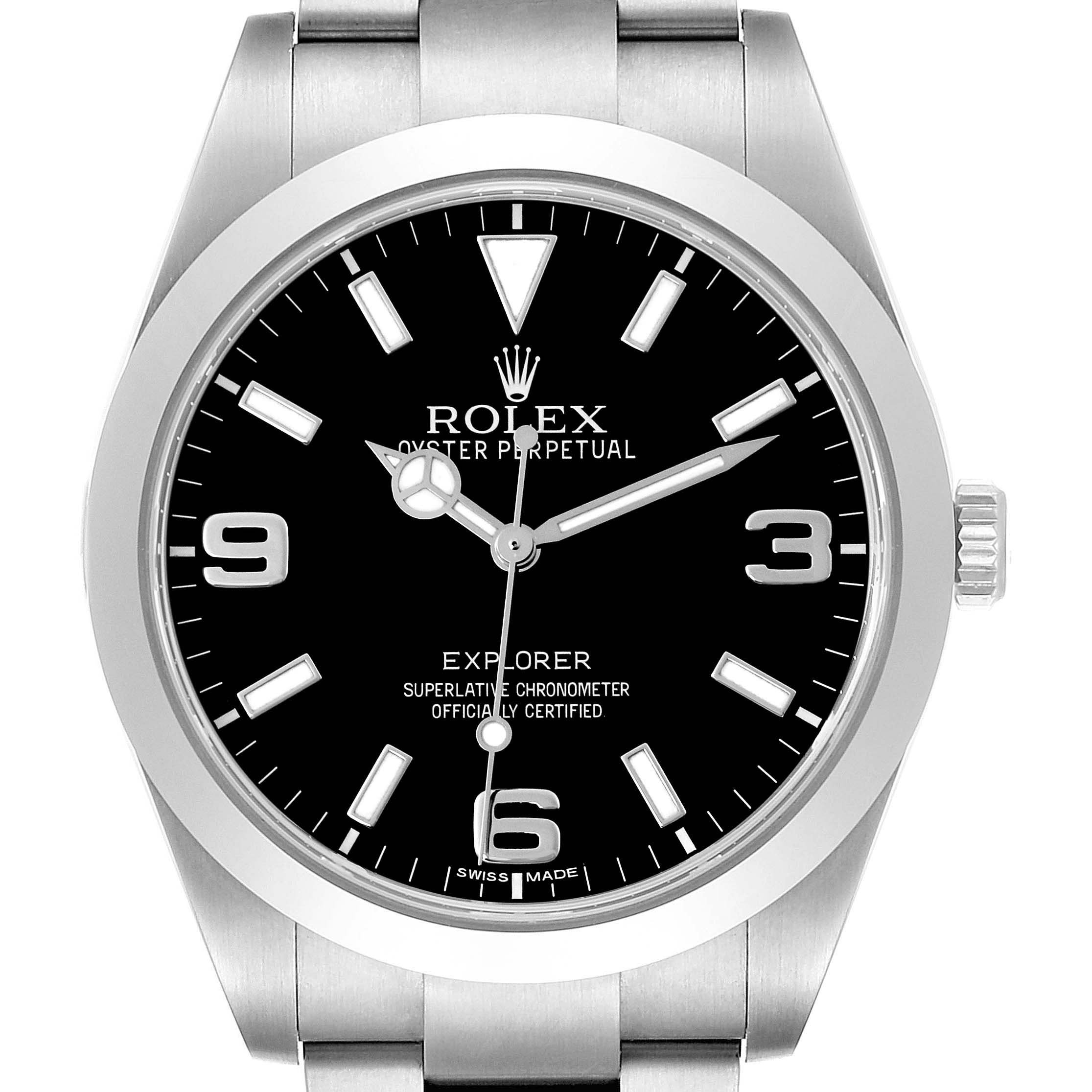 The image shows a frontal view of the Rolex Explorer 214270 Men's Stainless Steel Black Dial 214270 Men's Stainless Steel Black Dial, displaying the dial, bezel, casing, and part of the bracelet.