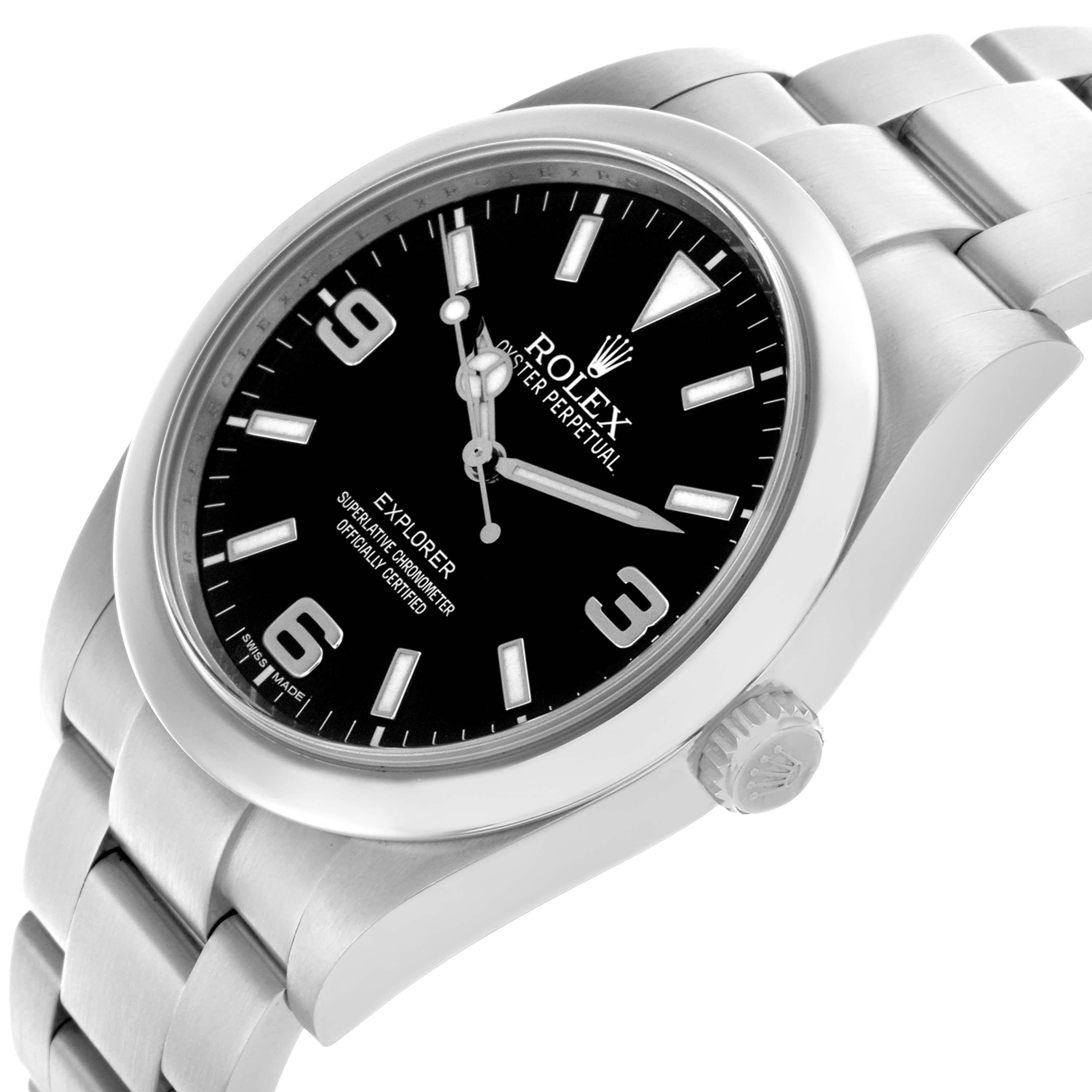 The Rolex Explorer 214270 Men's Stainless Steel Black Dial 214270 Men's Stainless Steel Black Dial watch is shown at an angled close-up, highlighting the dial, case, and bracelet.