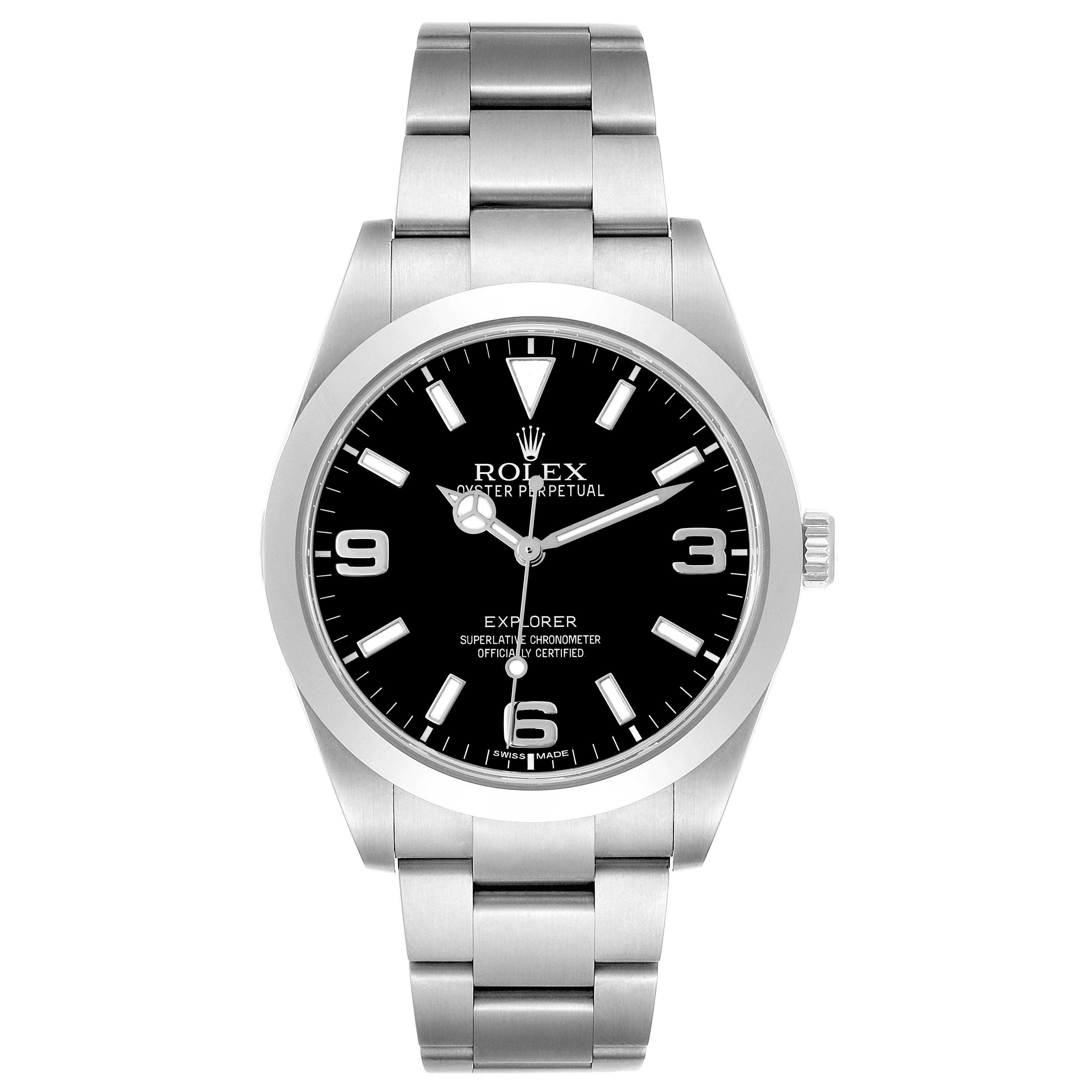 The Rolex Explorer 214270 Men's Stainless Steel Black Dial 214270 Men's Stainless Steel Black Dial watch is shown front-facing, displaying the dial, bezel, case, and bracelet.