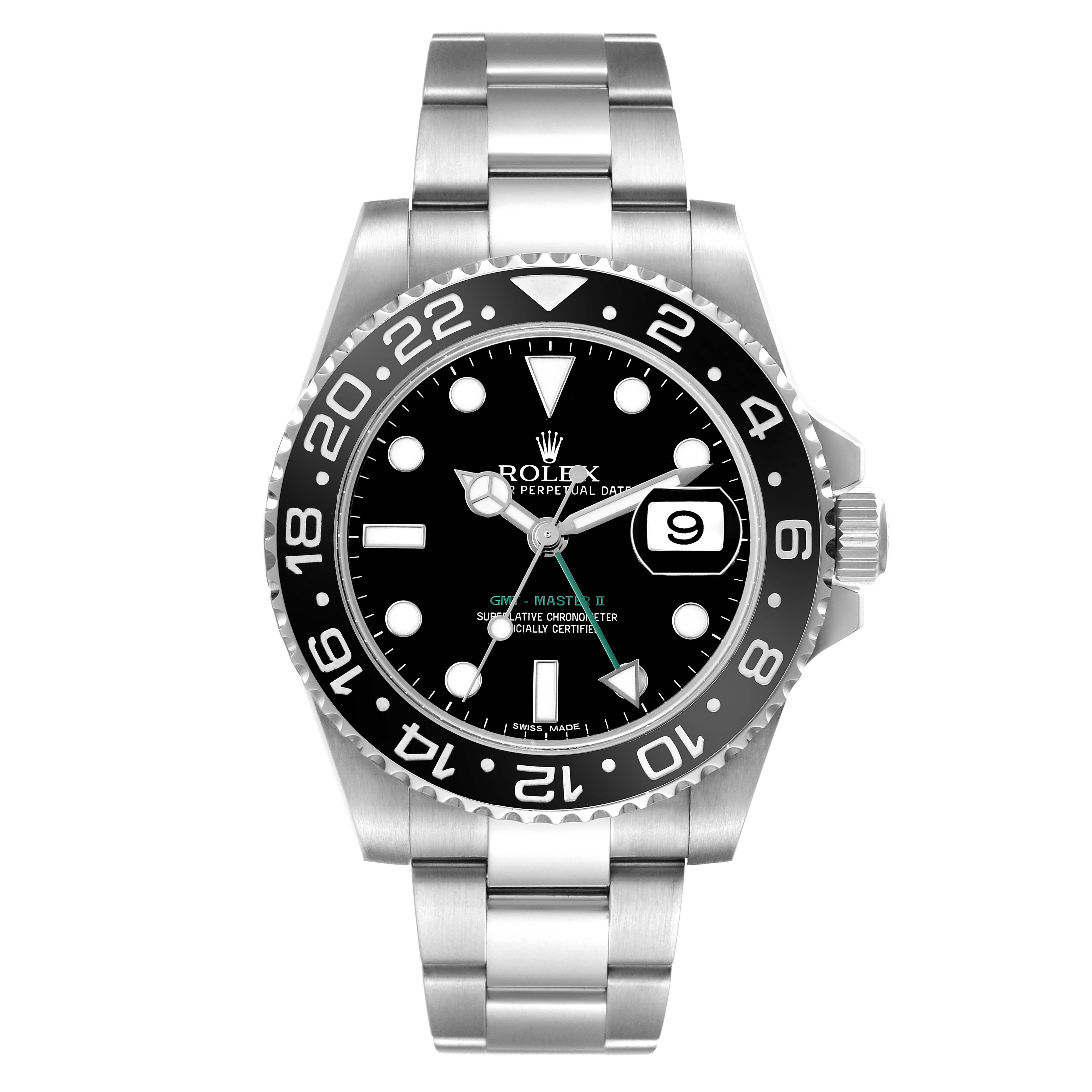 The Rolex GMT-Master 116710LN Men's Stainless Steel Black Dial watch is shown from the front, displaying its face, bezel, and bracelet.