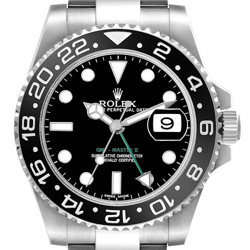 The Rolex GMT-Master 116710LN Men's Stainless Steel Black Dial II watch is shown from the front, displaying the bezel, dial, and hands, including the date window.