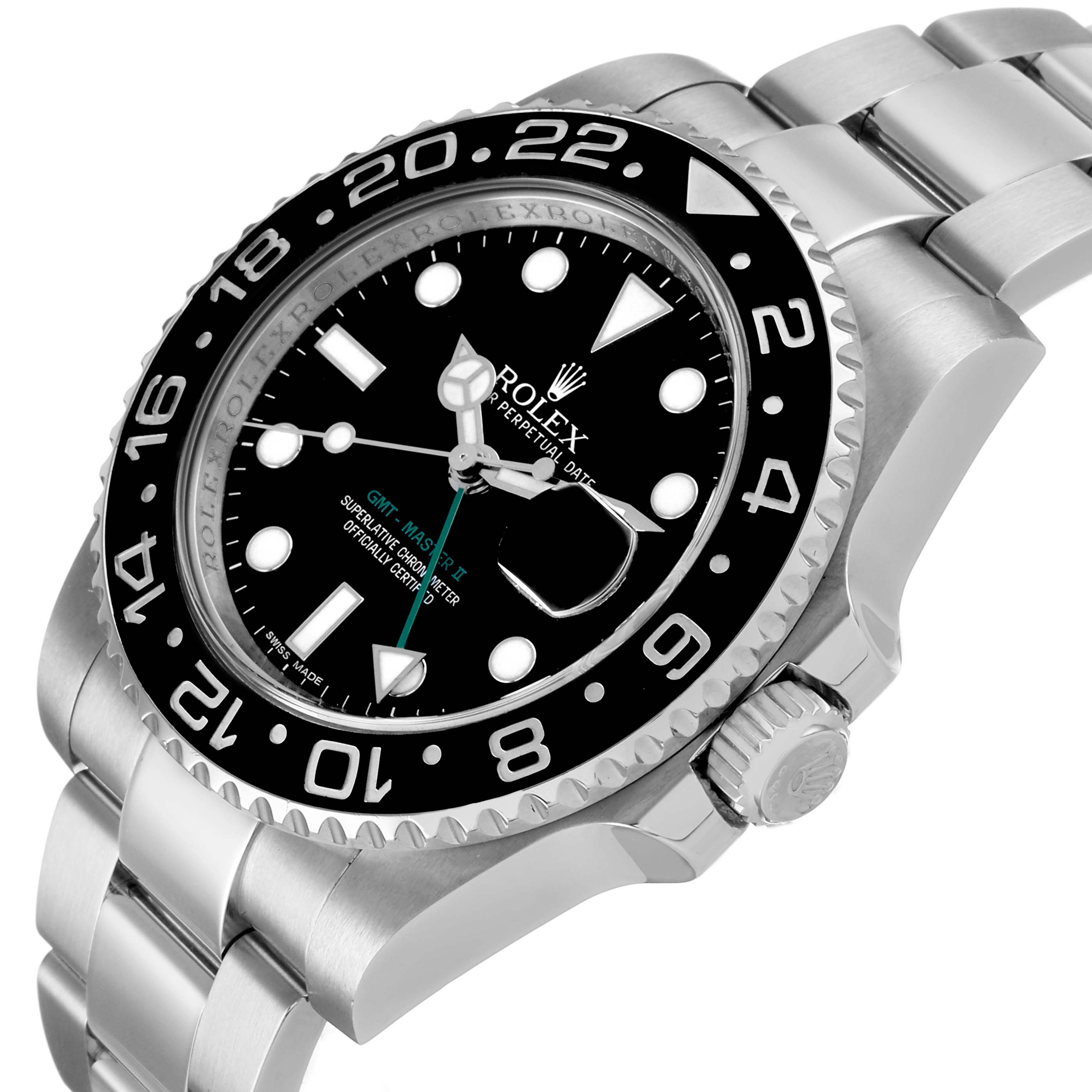 The Rolex GMT-Master 116710LN Men's Stainless Steel Black Dial watch is shown at a side angle, highlighting the bezel, crown, and part of the bracelet.
