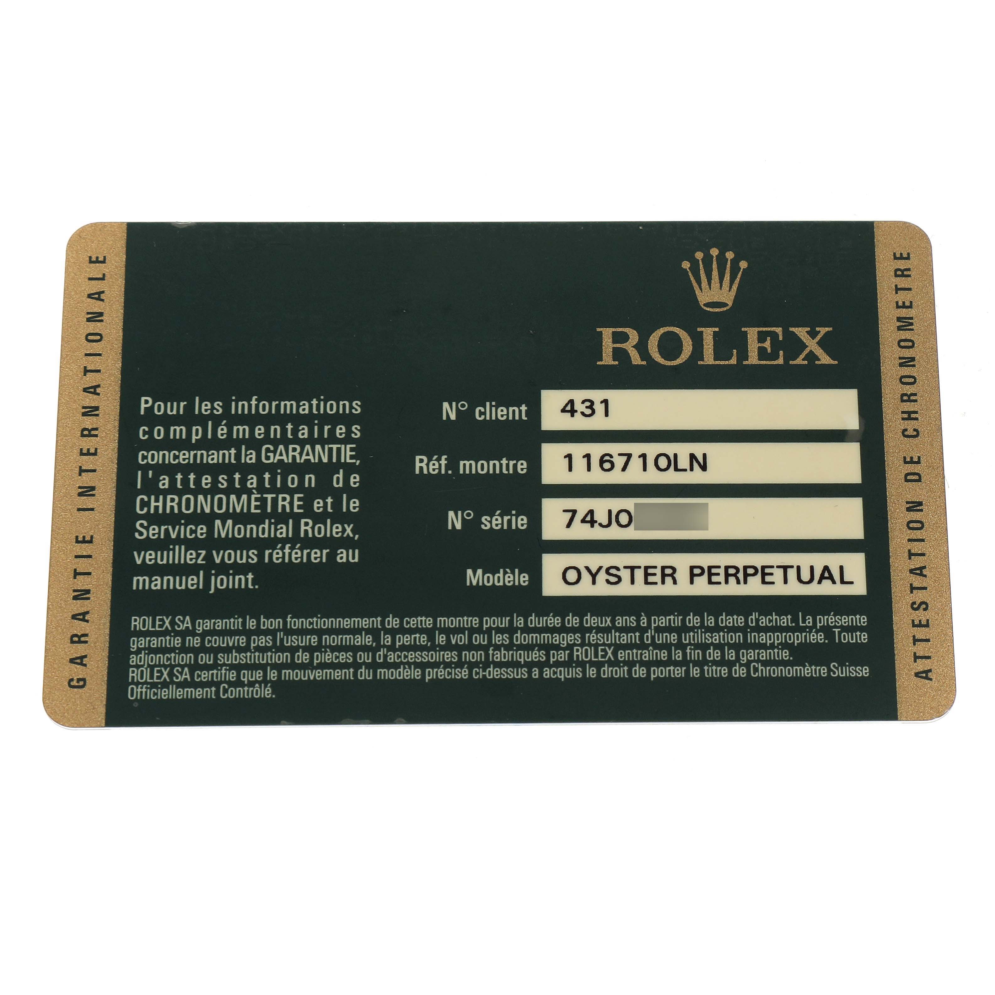 The image shows a Rolex GMT-Master 116710LN Men's Stainless Steel Black Dial warranty card detailing reference, serial number, and model information.