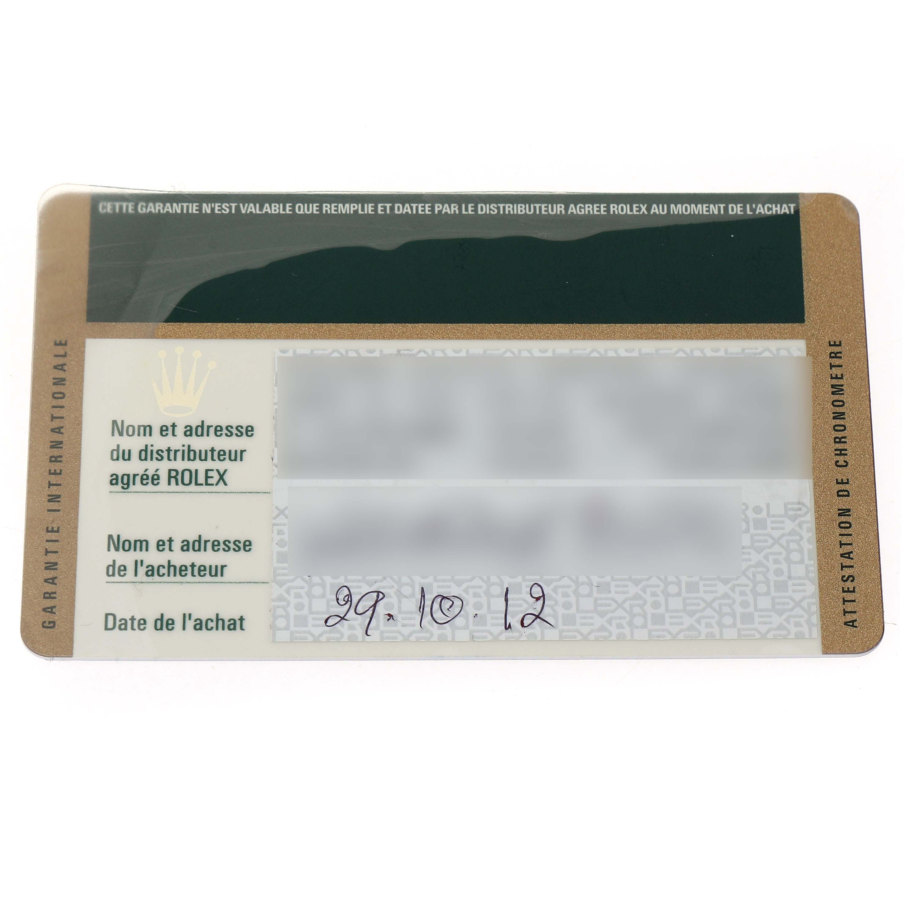 This image shows a Rolex GMT-Master 116710LN Men's Stainless Steel Black Dial warranty card, viewed from above, displaying purchase details.