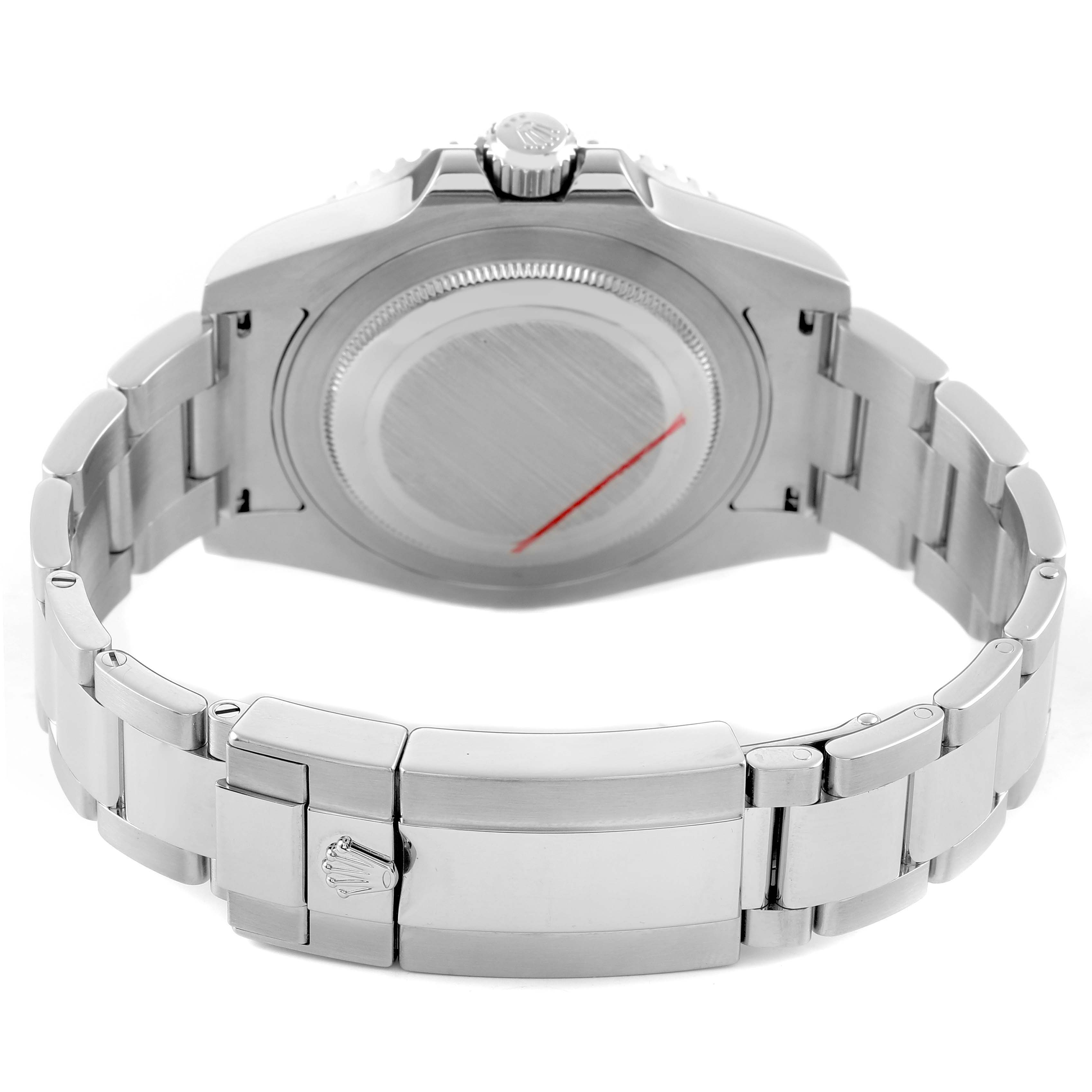 The image shows the back and bracelet clasp of a Rolex GMT-Master 116710LN Men's Stainless Steel Black Dial watch at a rear angle.