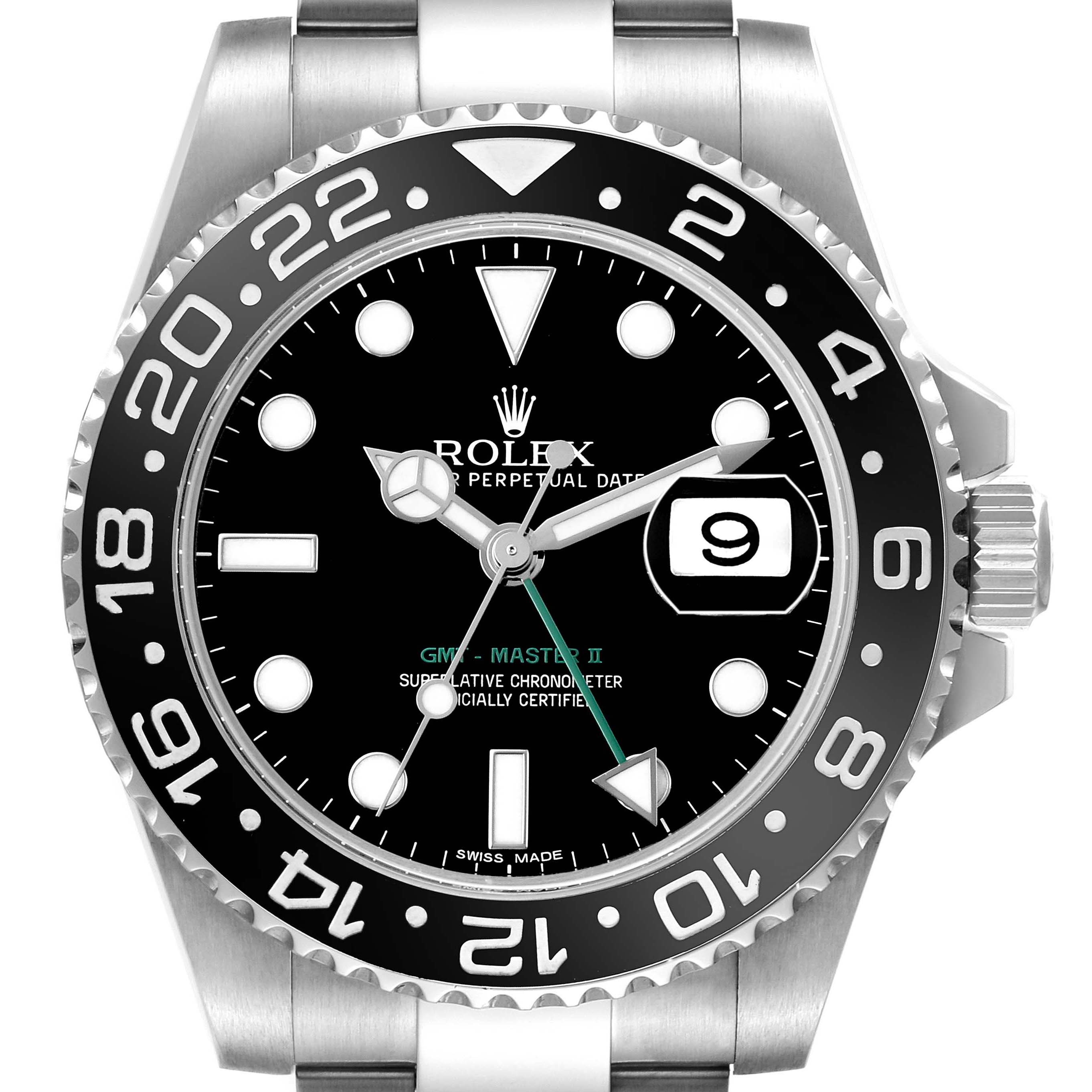 The Rolex GMT-Master 116710LN Men's Stainless Steel Black Dial watch is shown from a front angle, displaying the face, bezel, and part of the bracelet.