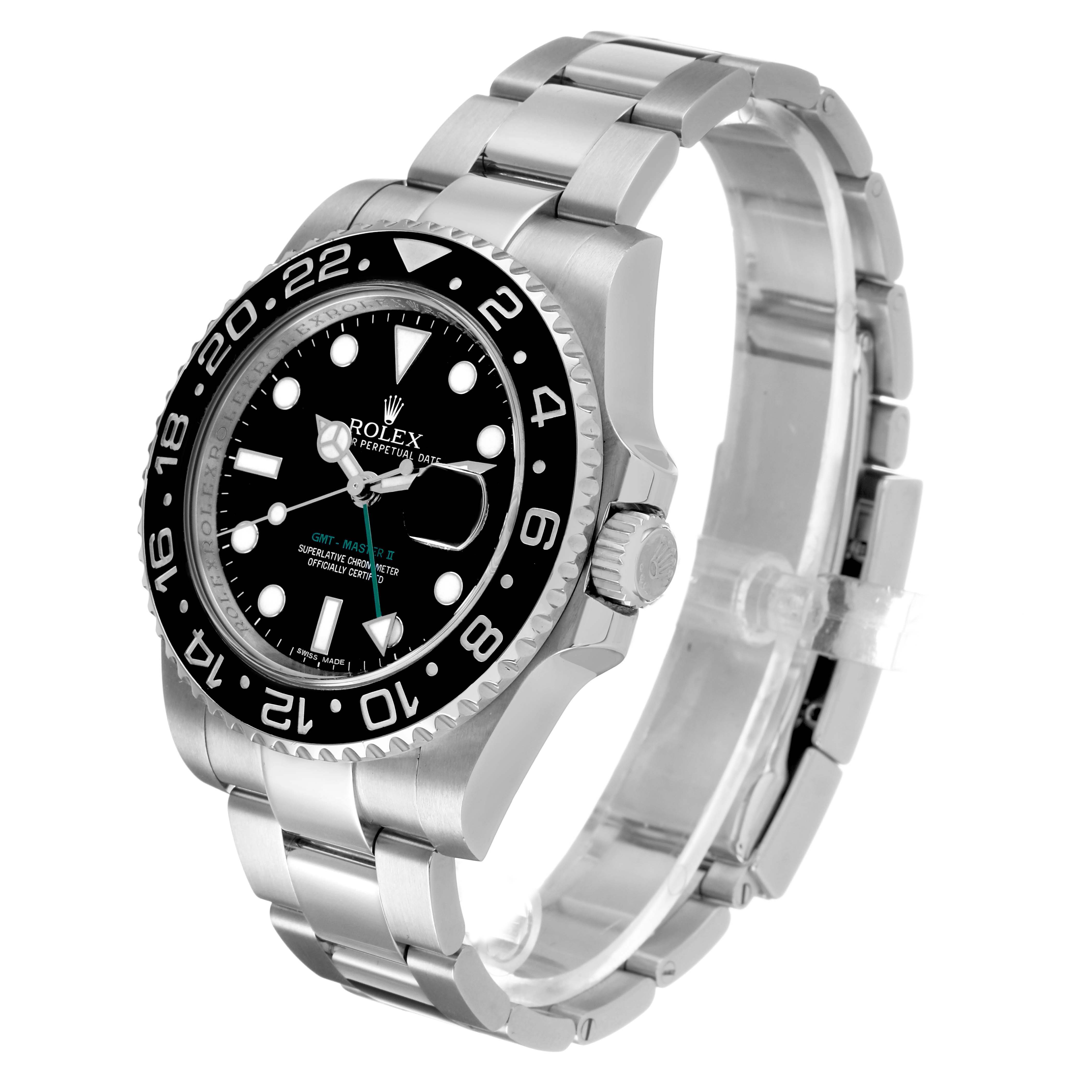 The Rolex GMT-Master 116710LN Men's Stainless Steel Black Dial watch is shown at a three-quarter angle, displaying the face, bezel, crown, and bracelet.