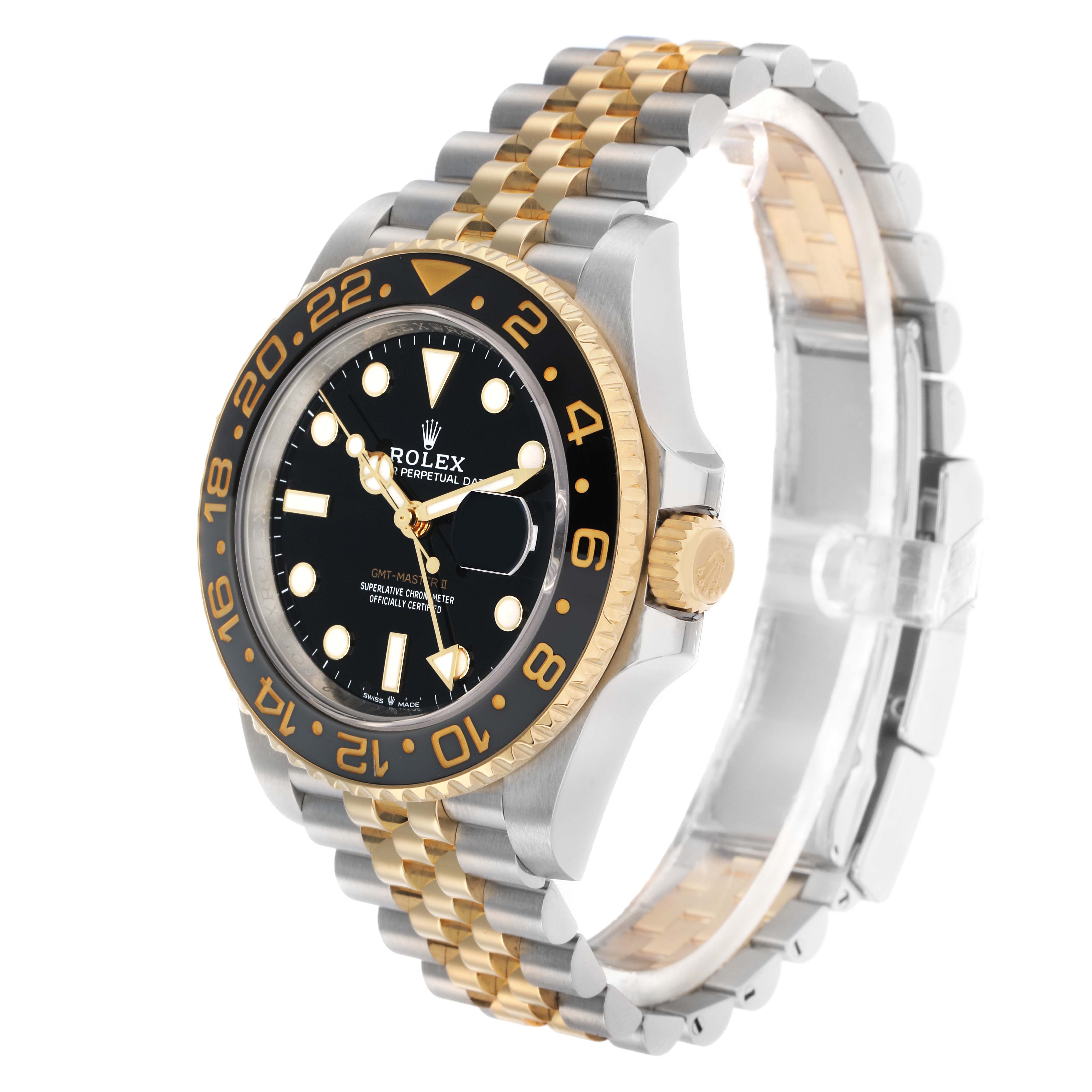 The Rolex GMT-Master 126713 Men's Steel and Gold (two tone) Black Dial watch is shown at a three-quarter angle, highlighting the bezel, dial, and two-tone bracelet.