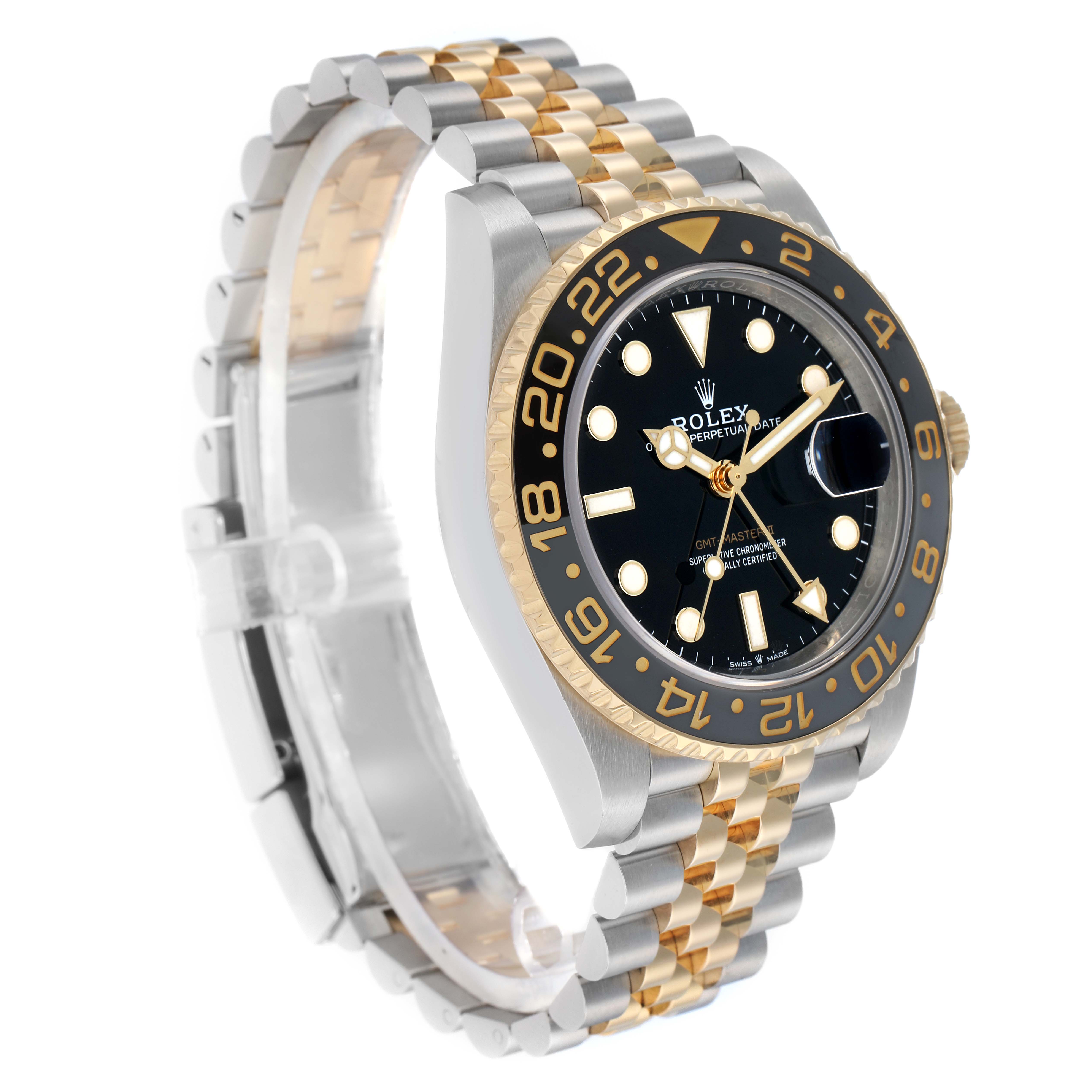The Rolex GMT-Master 126713 Men's Steel and Gold (two tone) Black Dial watch is shown at a three-quarter angle, highlighting its bezel, face, and bracelet.