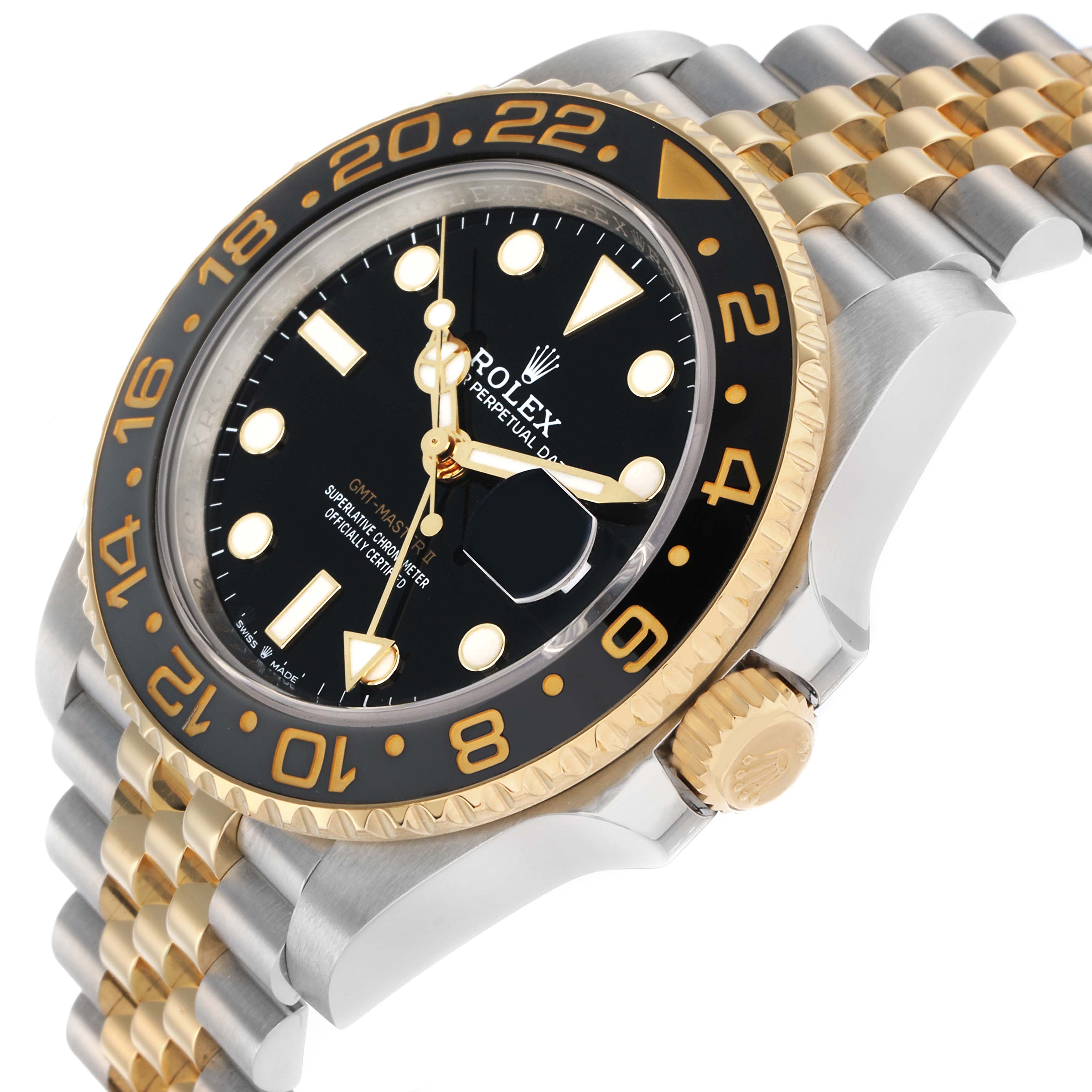 The Rolex GMT-Master 126713 Men's Steel and Gold (two tone) Black Dial watch is shown at an angle highlighting the bezel, dial, and two-tone bracelet.