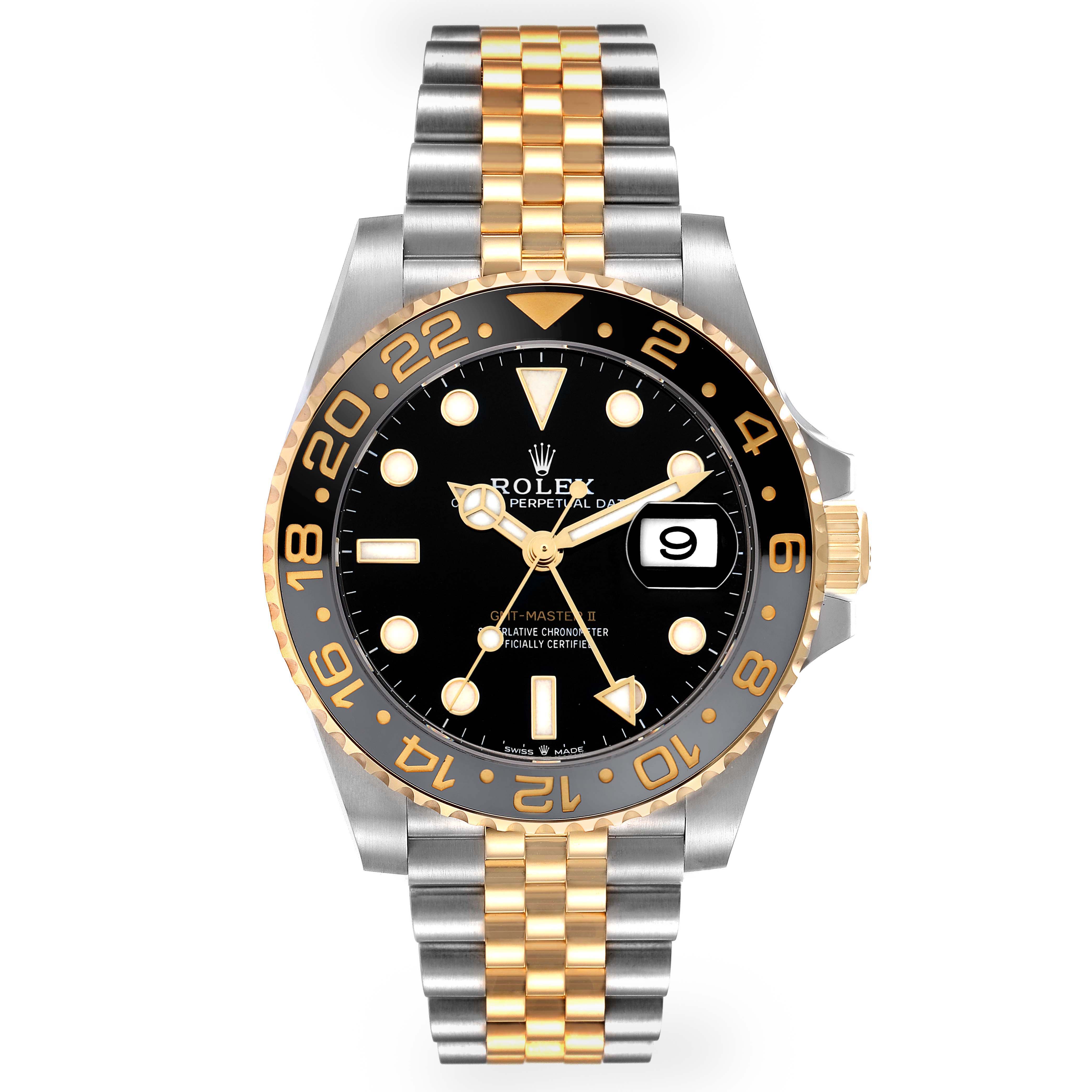 The Rolex GMT-Master 126713 Men's Steel and Gold (two tone) Black Dial watch is shown from the front, highlighting the bezel, dial, case, and bracelet.