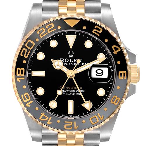 The Rolex GMT-Master 126713 Men's Steel and Gold (two tone) Black Dial watch is shown from a frontal angle, highlighting the bezel, dial, and part of the bracelet.