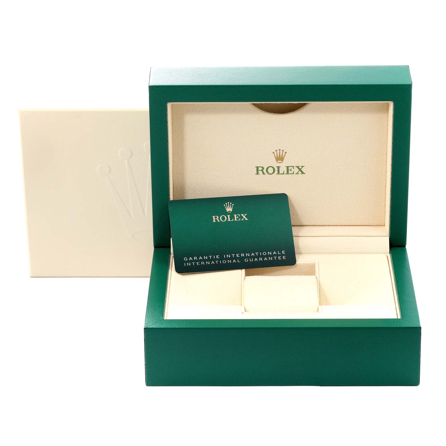 The image shows a Rolex Oyster Perpetual 124300 Men
s Stainless Steel Blue Dial 124300 Men
s Stainless Steel Blue Dial box with an international guarantee card, photographed from the front.