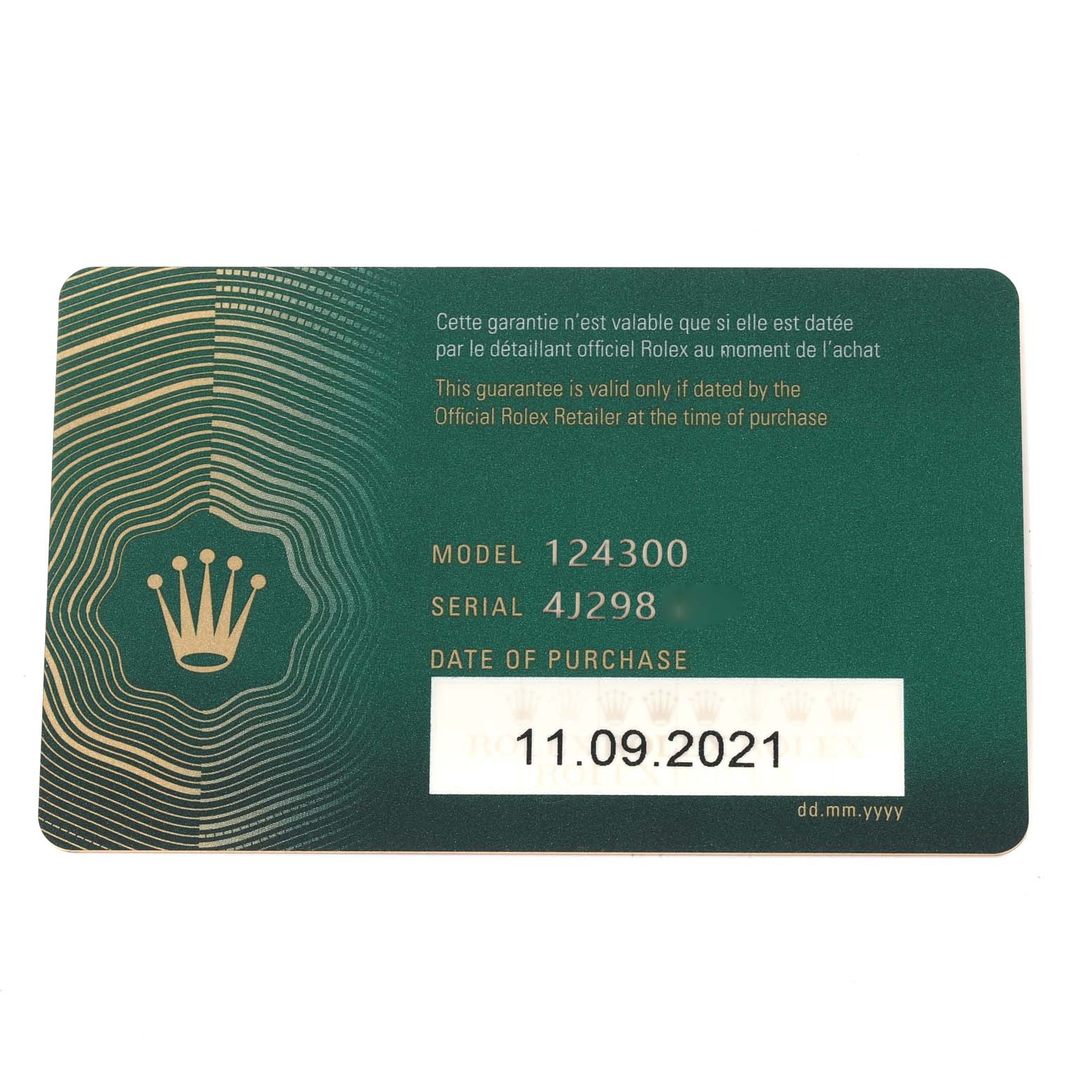 This image shows a warranty card for the Rolex Oyster Perpetual 124300 Men
s Stainless Steel Blue Dial 124300 Men
s Stainless Steel Blue Dial model 124300.