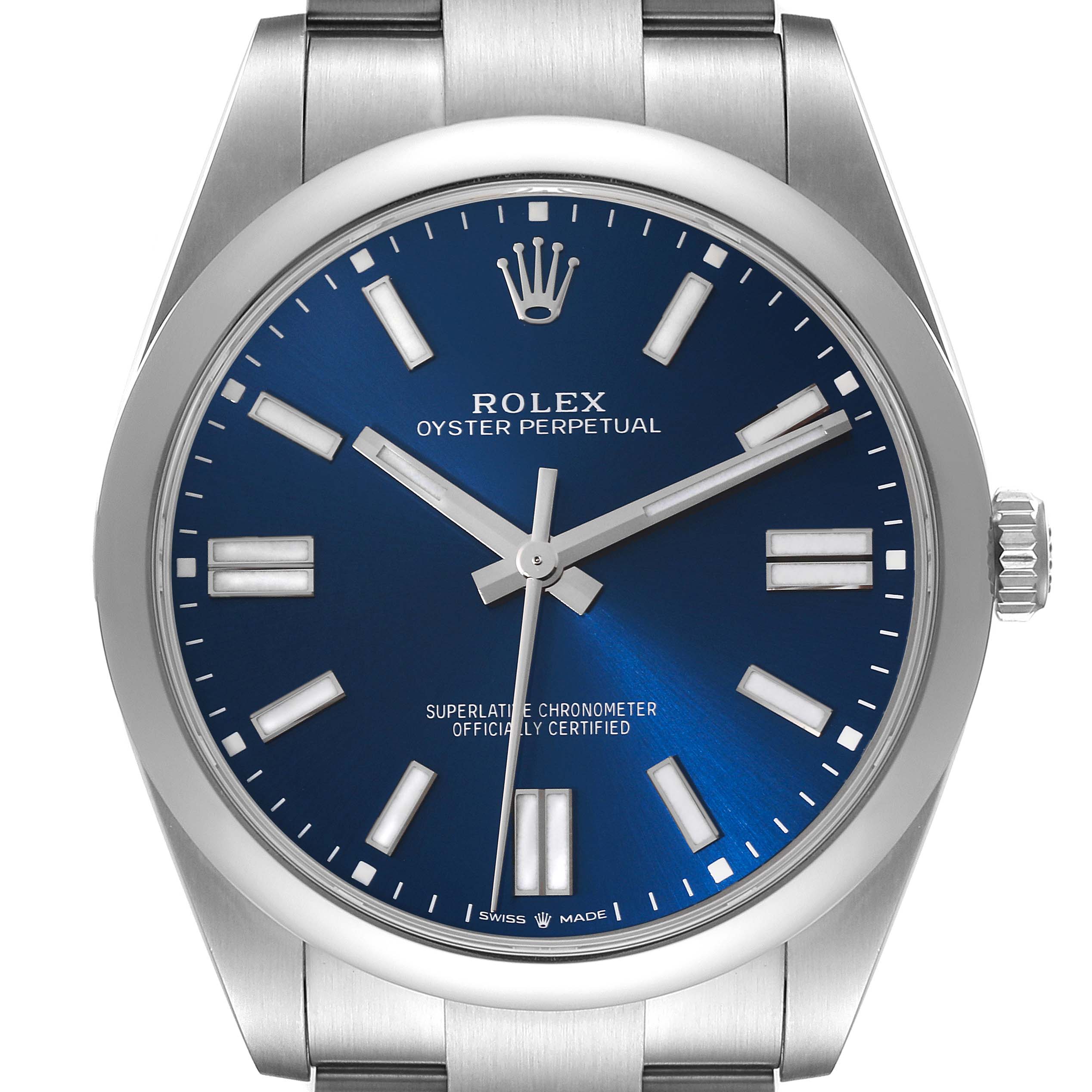 The image shows a front view of the Rolex Oyster Perpetual 124300 Men
s Stainless Steel Blue Dial 124300 Men
s Stainless Steel Blue Dial watch, highlighting its blue dial, hour markers, and hands.