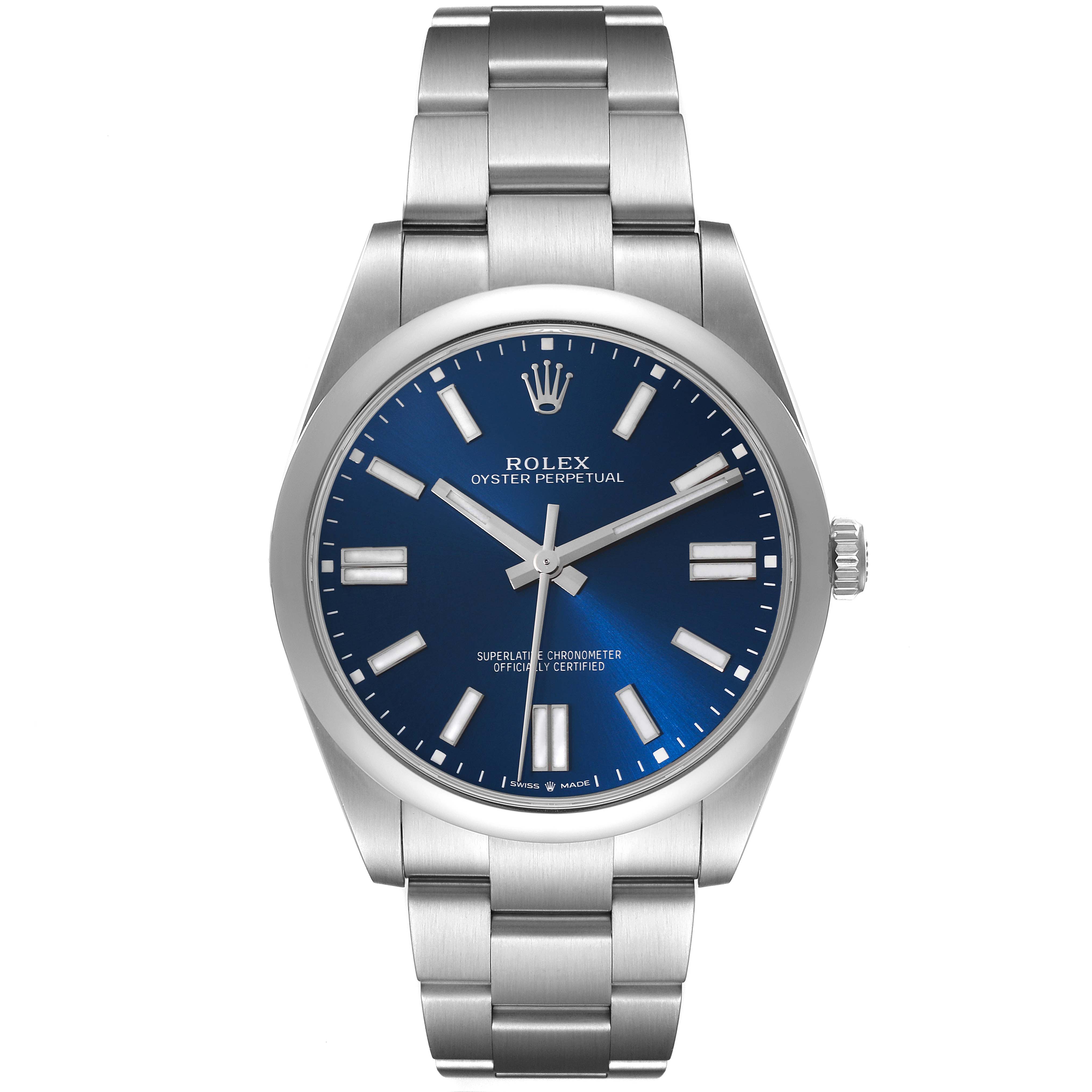 This image shows a front view of a Rolex Oyster Perpetual 124300 Men
s Stainless Steel Blue Dial 124300 Men
s Stainless Steel Blue Dial watch, displaying the face, dial, and bracelet.
