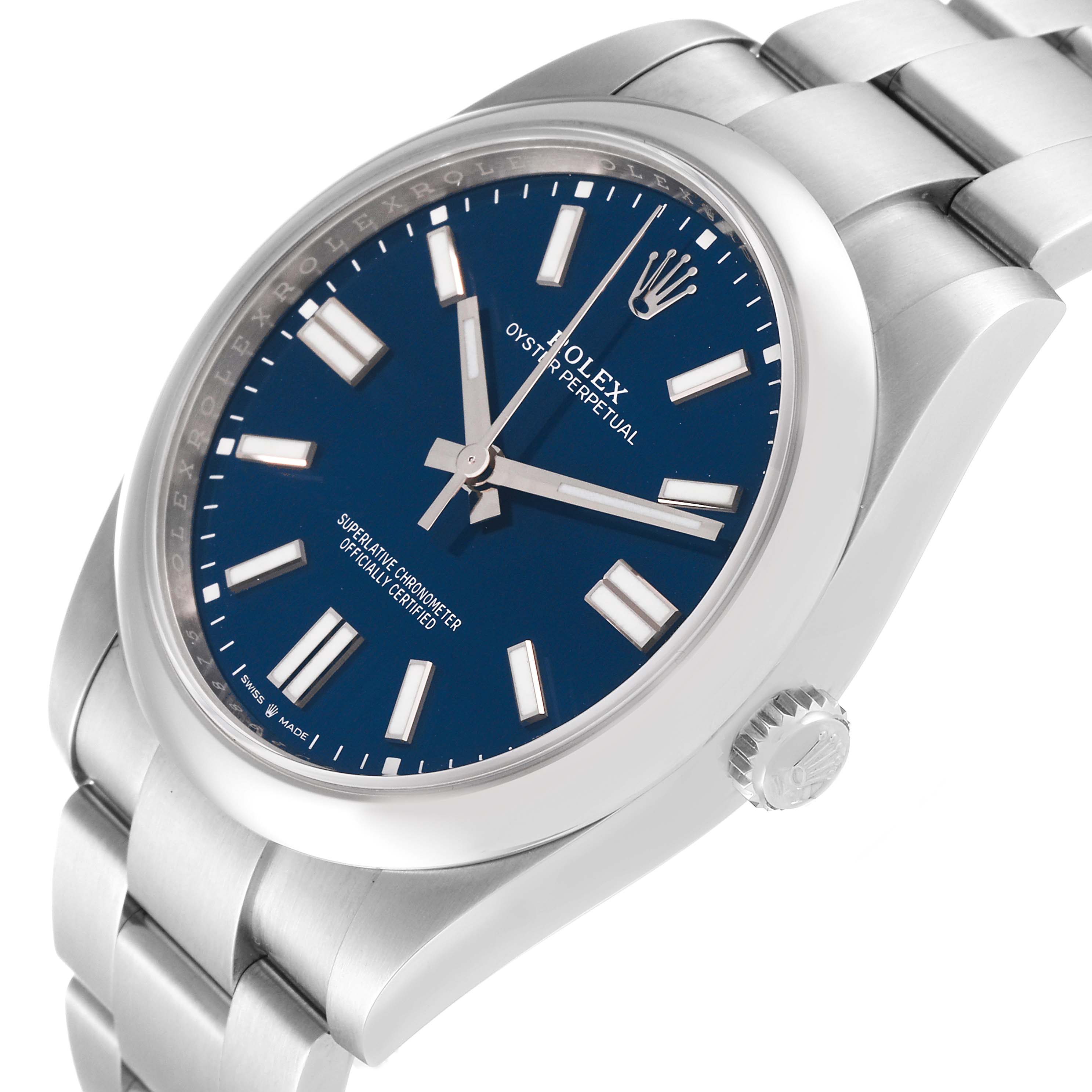 The image shows a Rolex Oyster Perpetual 124300 Men
s Stainless Steel Blue Dial 124300 Men
s Stainless Steel Blue Dial watch at an angled side view, displaying its dial, crown, and part of the bracelet.