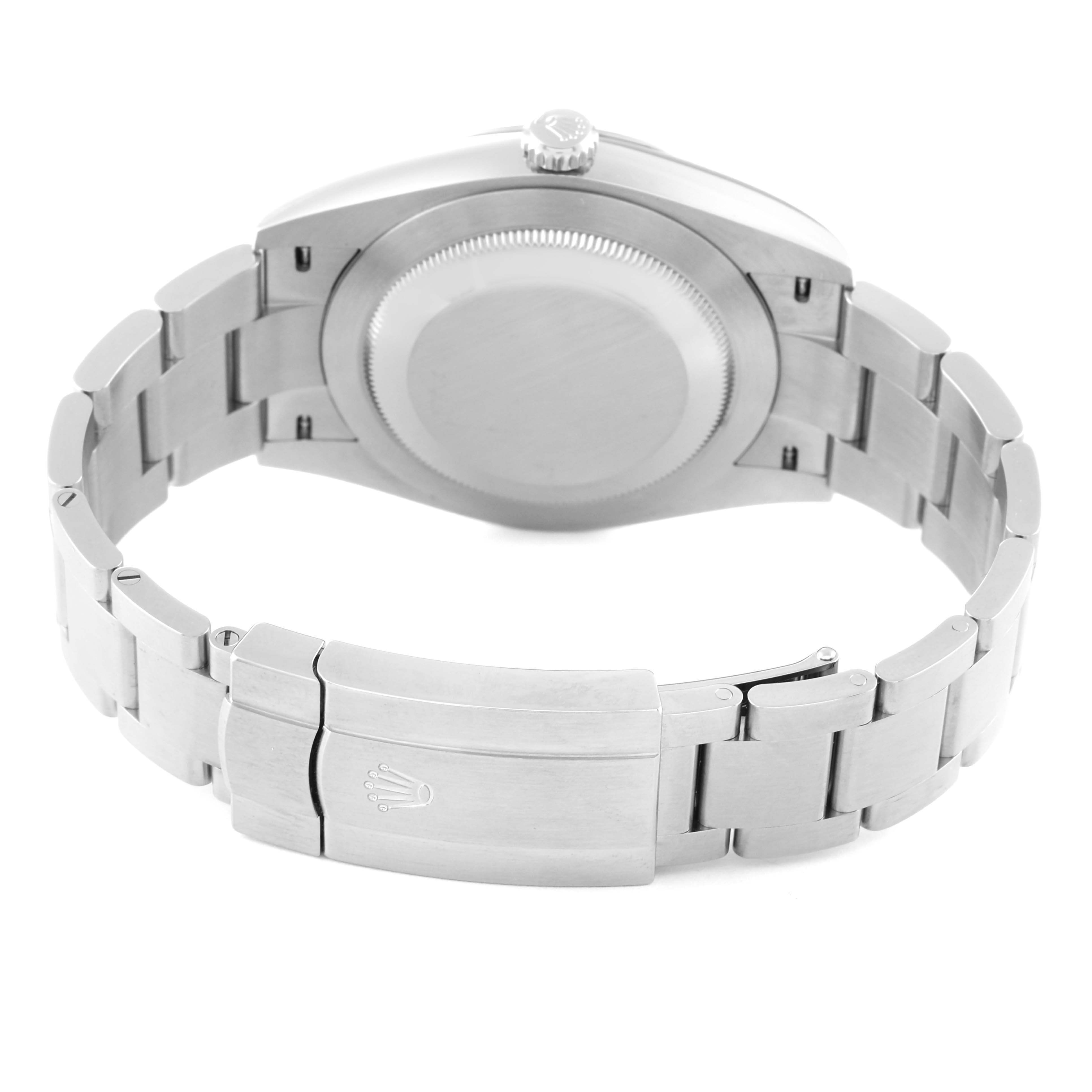 The image shows the back and clasp of a Rolex Oyster Perpetual 124300 Men
s Stainless Steel Blue Dial 124300 Men
s Stainless Steel Blue Dial watch from a rear angle.