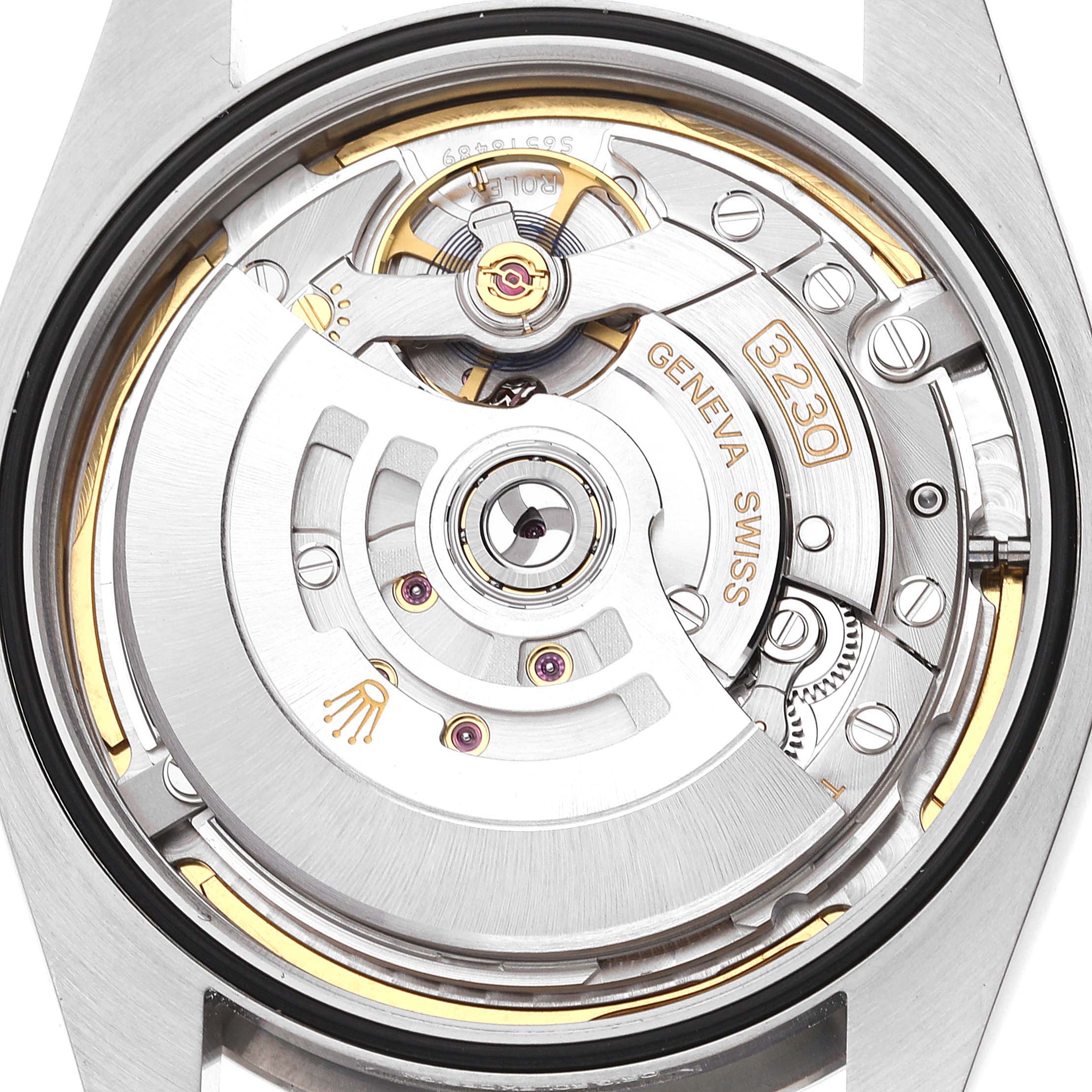 The image shows the intricate internal mechanism of the Rolex Oyster Perpetual 124300 Men
s Stainless Steel Blue Dial 124300 Men
s Stainless Steel Blue Dial watch from a back angle.