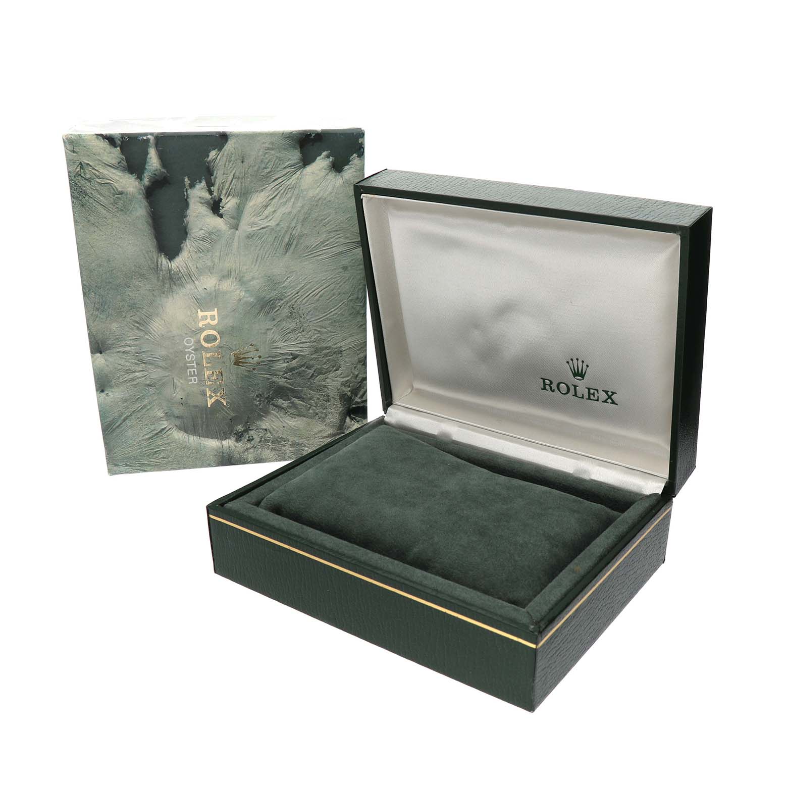 The image shows the box and packaging for a Rolex Oyster Perpetual 67230 Women's Stainless Steel Silver Dial watch, featuring an open green box and an outer sleeve.