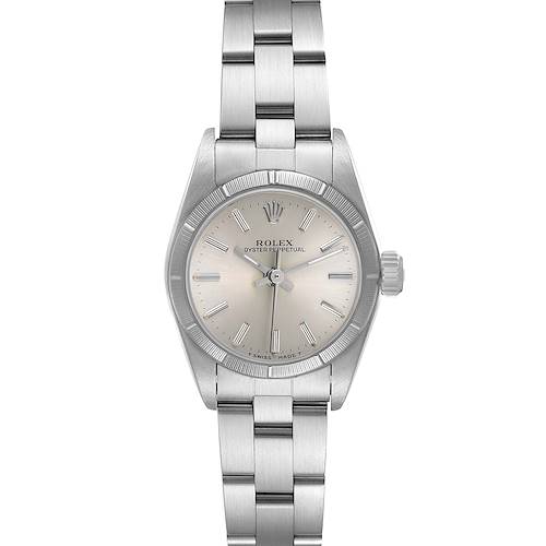 The image shows a frontal view of a Rolex Oyster Perpetual 67230 Women's Stainless Steel Silver Dial, displaying the dial, bezel, case, and bracelet.