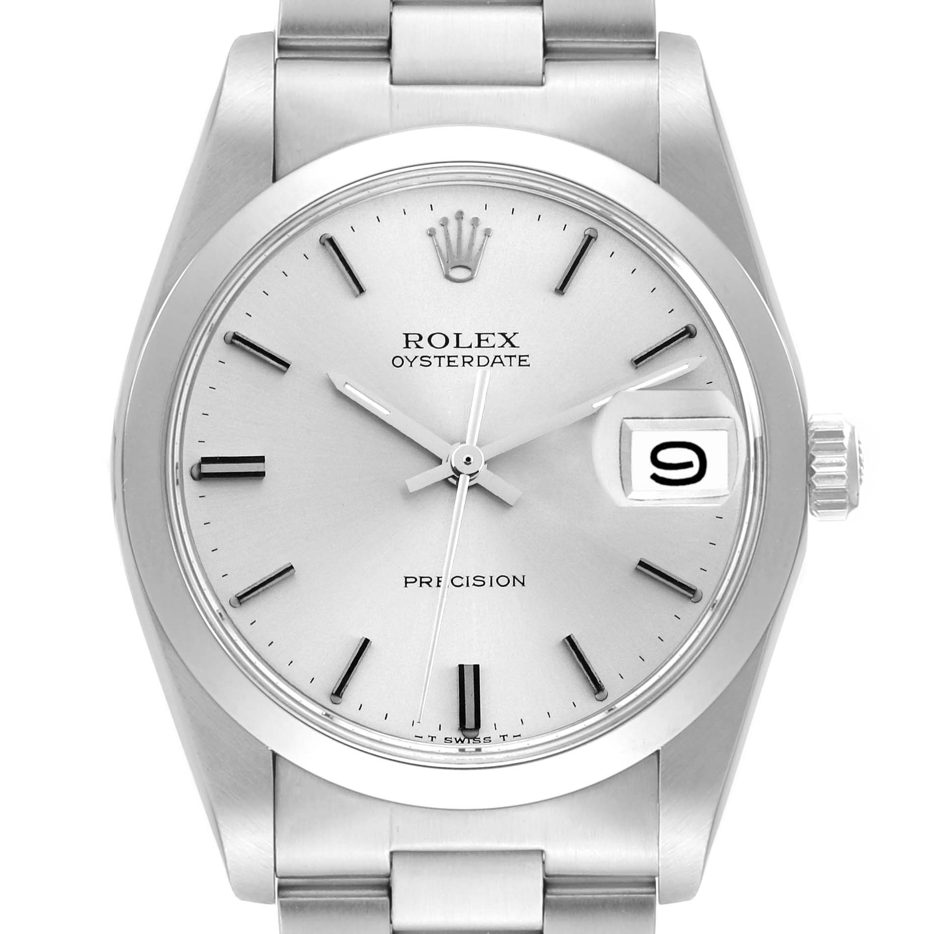 This image shows a front view of the Rolex Vintage Collection 6694 Men's Stainless Steel Silver Dial 6694 Men's Stainless Steel Silver Dial Oysterdate watch, displaying its dial, hands, date window, and part of the bracelet.