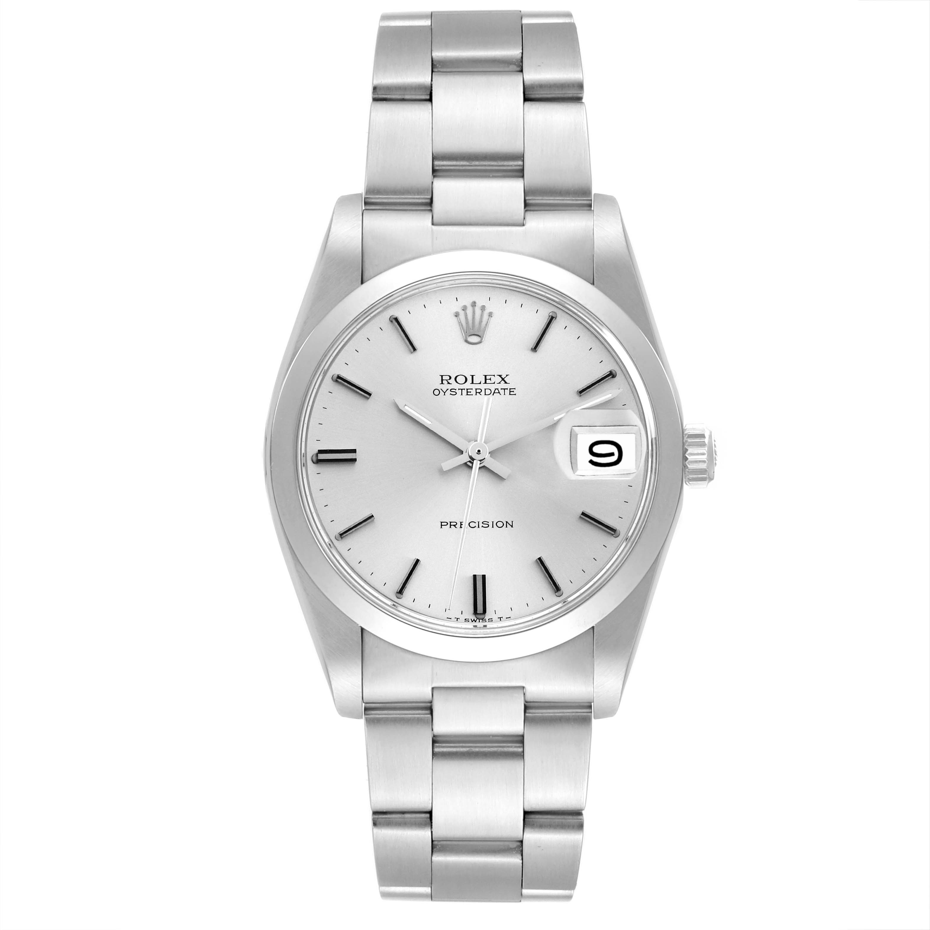 The image shows a front view of the Rolex Vintage Collection 6694 Men's Stainless Steel Silver Dial 6694 Men's Stainless Steel Silver Dial Oysterdate watch, highlighting its dial, bezel, and bracelet.