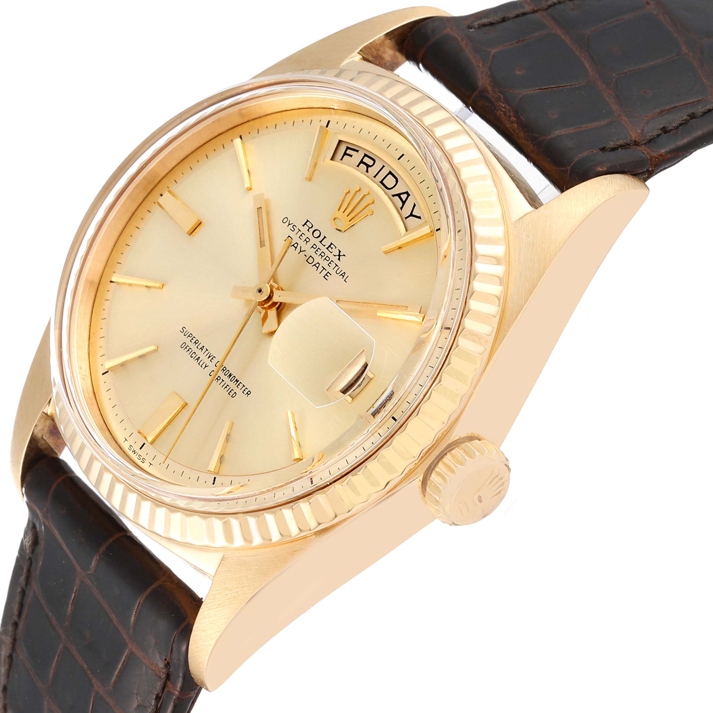 The Rolex Vintage Collection 1803 Men's Yellow Gold Champagne Dial 1803 Men's Yellow Gold Champagne Dial model is shown at an angled close-up, highlighting the gold case, bezel, dial, and brown leather strap.