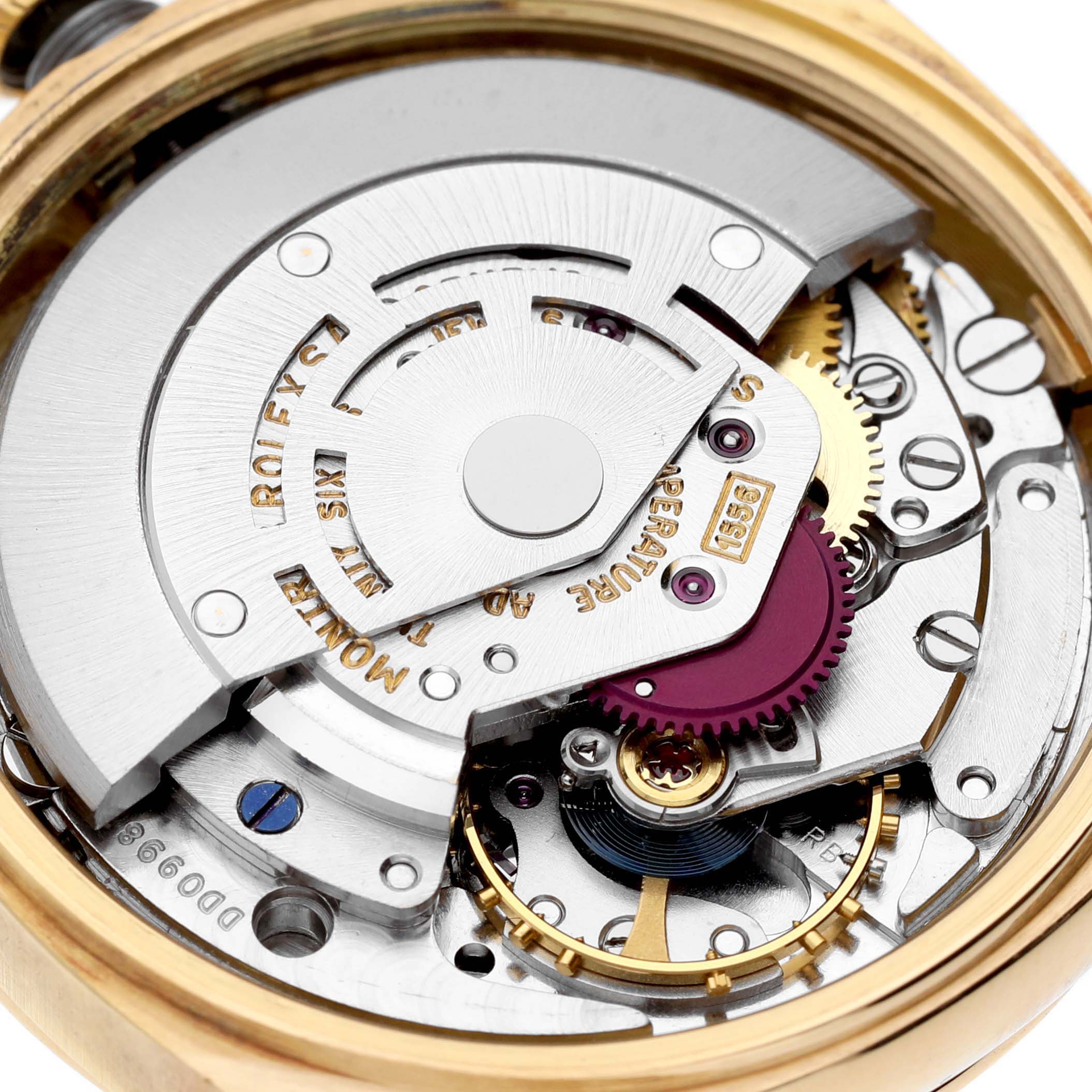 This close-up image shows the movement mechanism of the Vintage Collection model by Rolex.