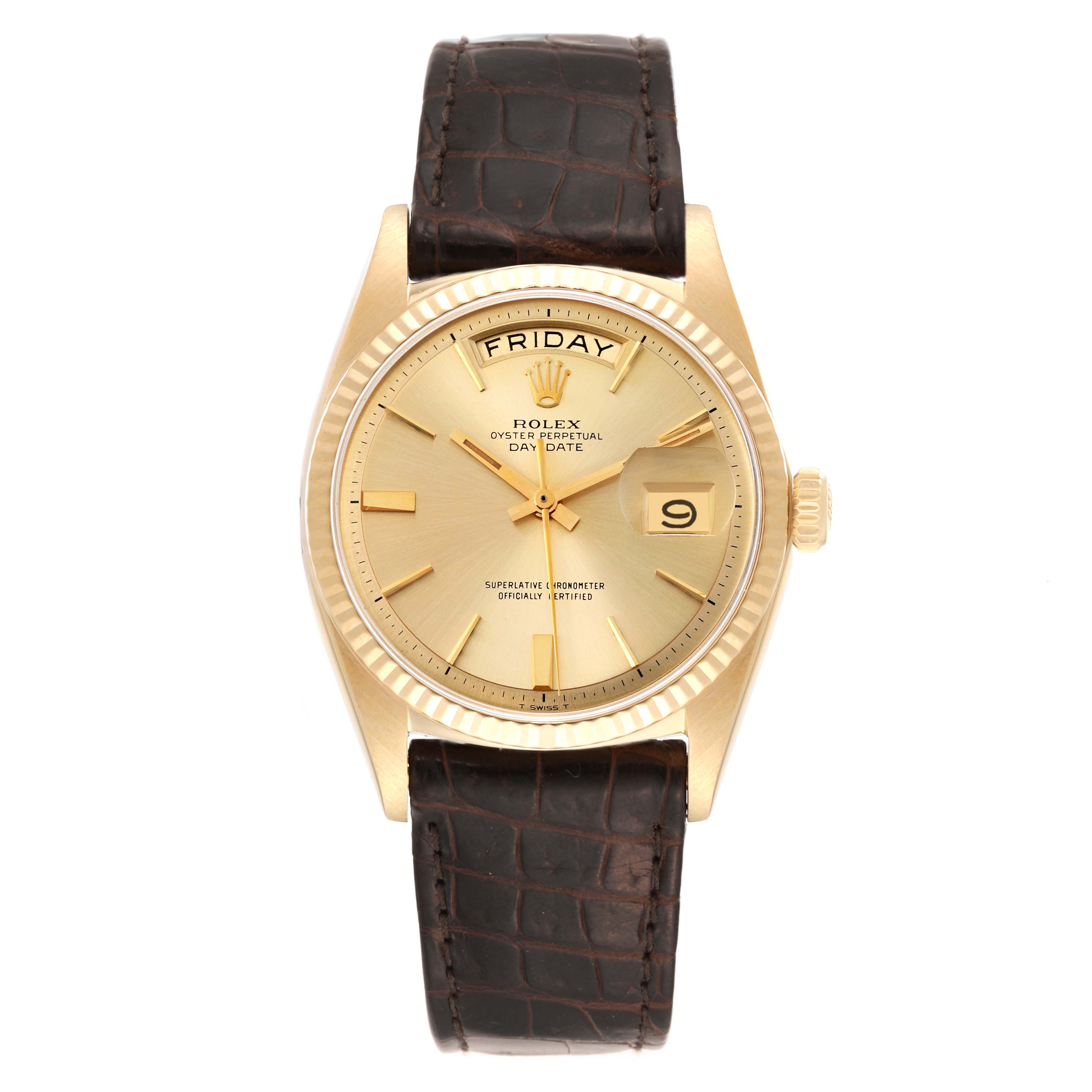 The Rolex Vintage Collection 1803 Men's Yellow Gold Champagne Dial 1803 Men's Yellow Gold Champagne Dial model watch is shown from a front angle, displaying its dial, day-date feature, and dark leather strap.