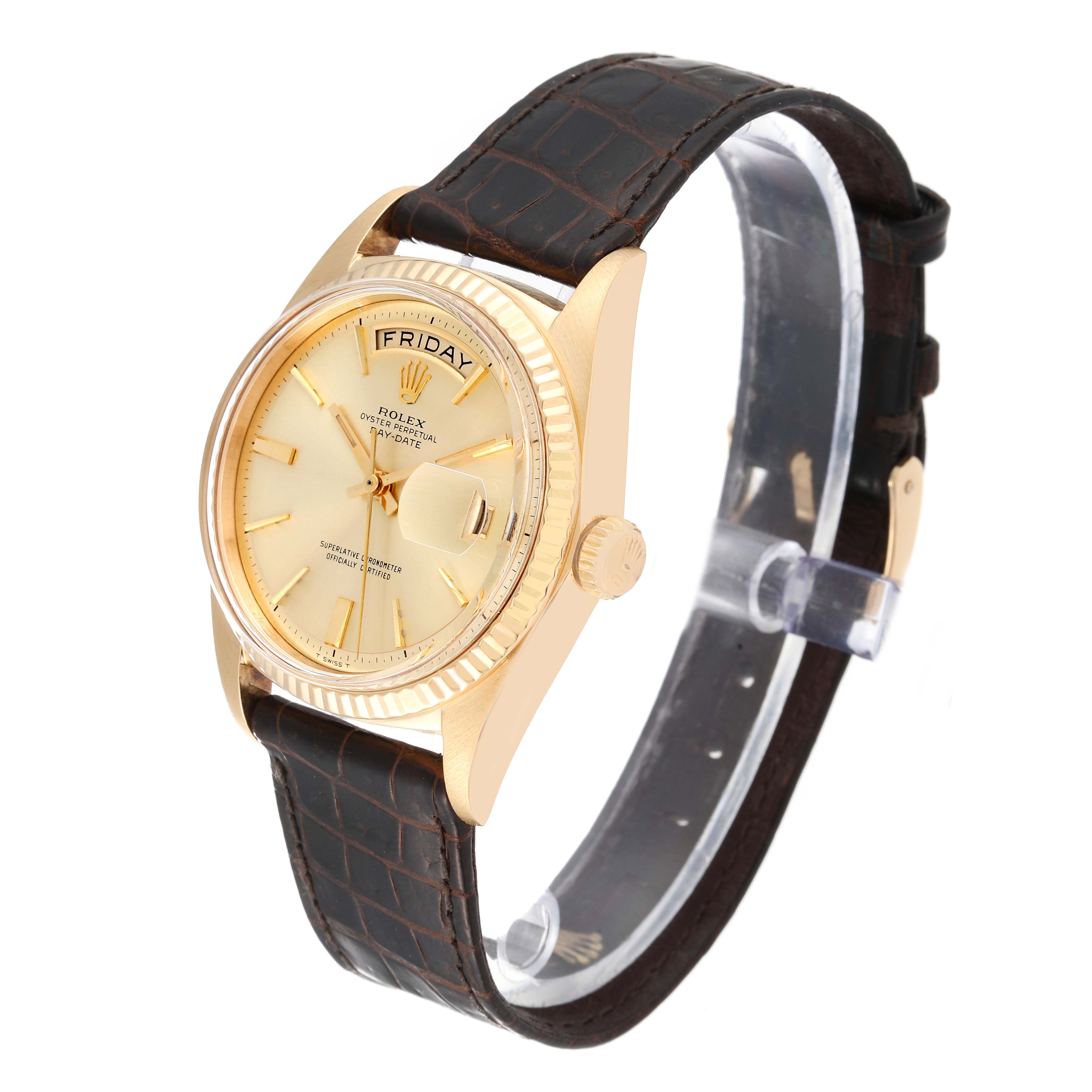 The Rolex Vintage Collection 1803 Men's Yellow Gold Champagne Dial 1803 Men's Yellow Gold Champagne Dial model is shown at a slight three-quarter angle, displaying the dial, case, strap, and crown.