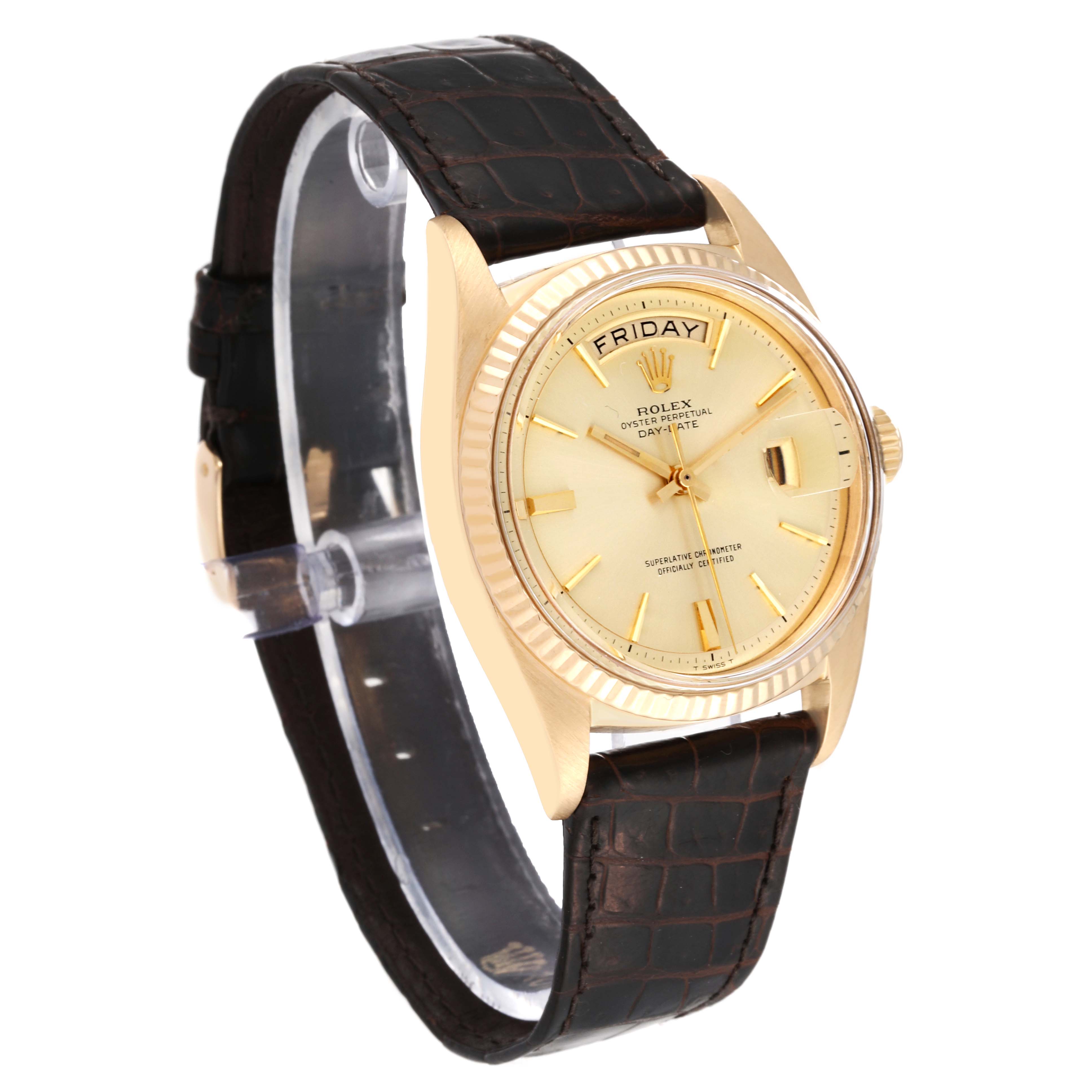 This image showcases a Rolex Vintage Collection 1803 Men's Yellow Gold Champagne Dial 1803 Men's Yellow Gold Champagne Dial watch from a front-left angle, highlighting the face, bezel, and leather strap.