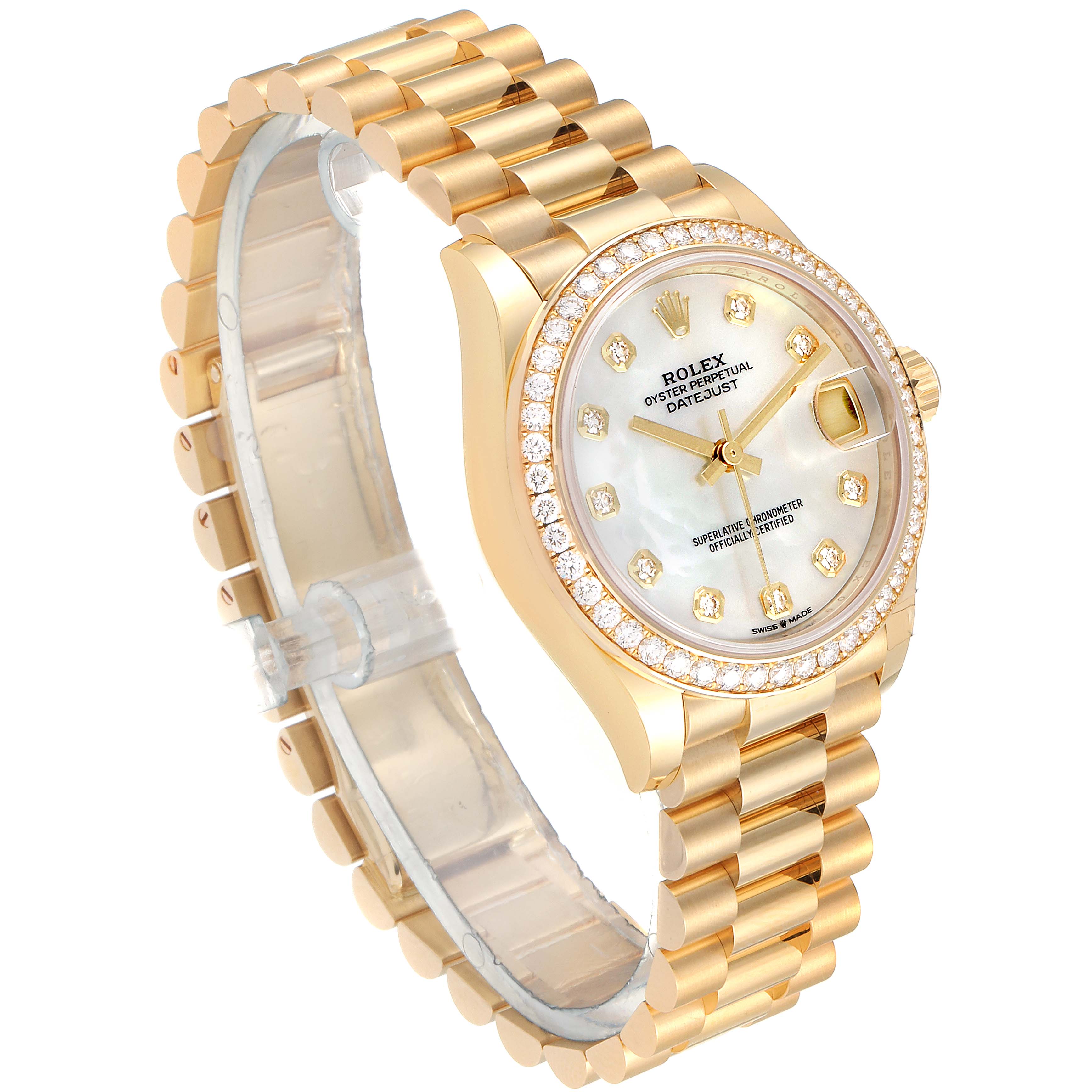 The Rolex President 278288 Women's Yellow Gold Mother of Pearl Dial 278288 Women's Yellow Gold Mother of Pearl Dial model watch is shown at a three-quarter angle, highlighting the bracelet, bezel, dial, and crown.