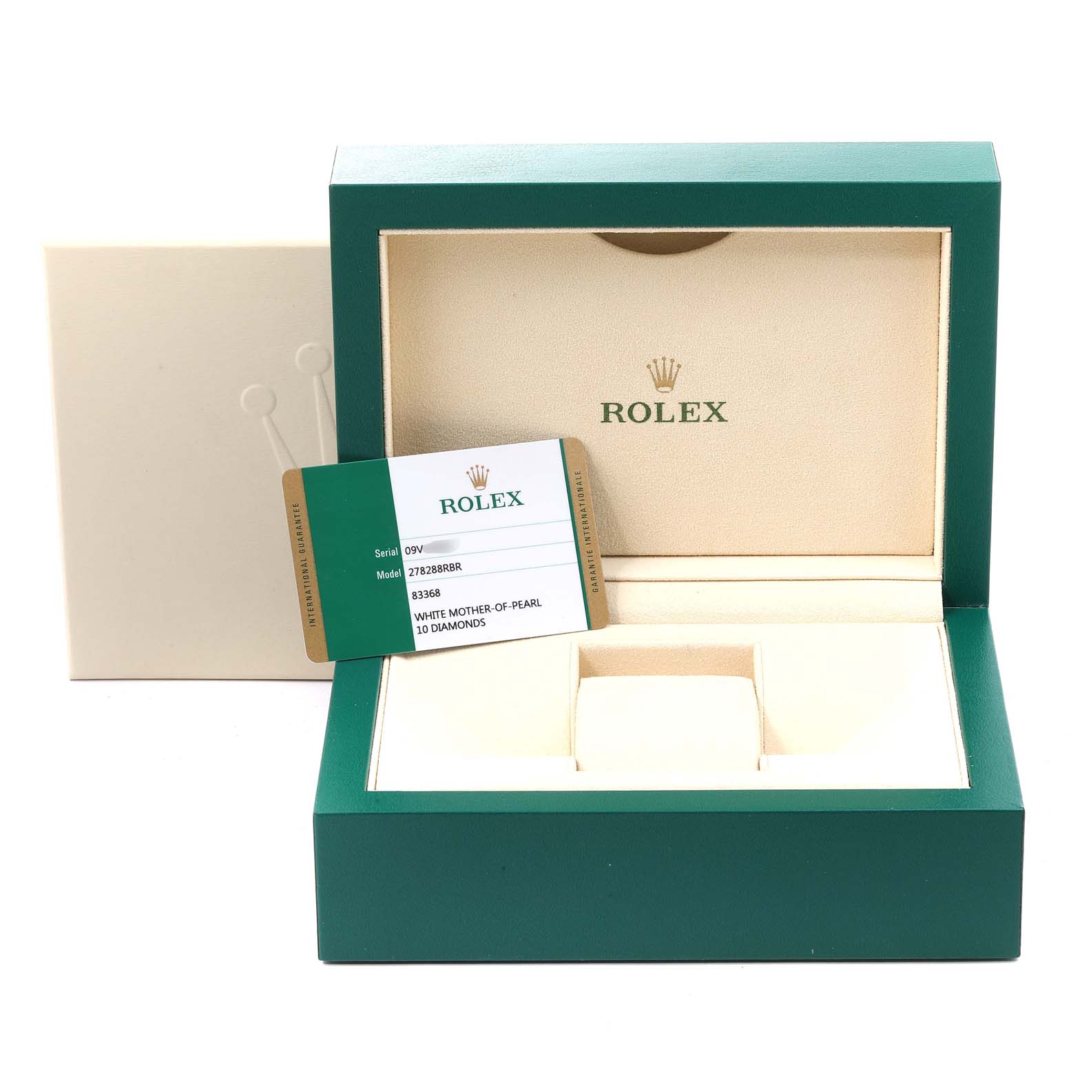 The image shows an open green Rolex box for the President model watch, displaying the interior and a certification card.