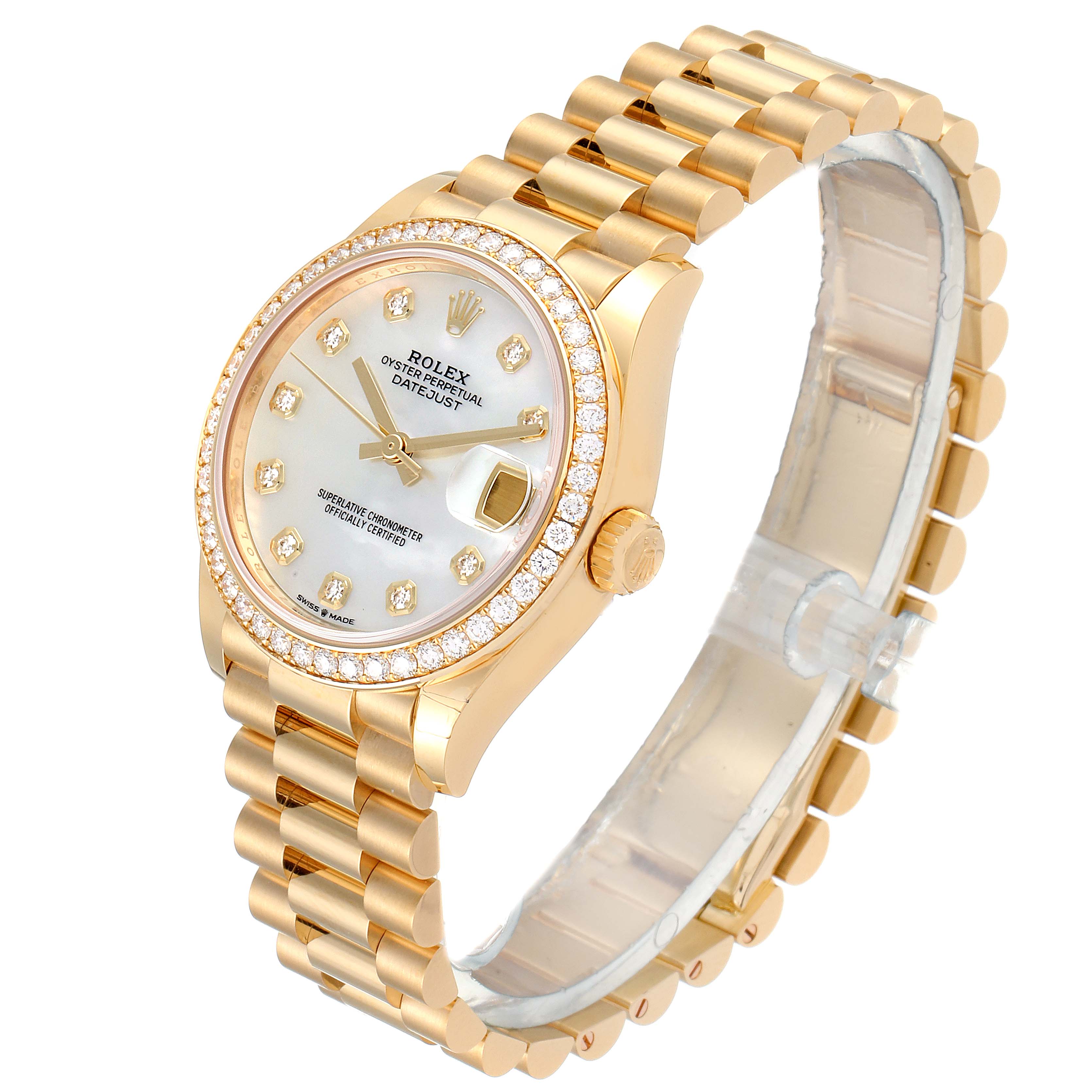 The Rolex President 278288 Women's Yellow Gold Mother of Pearl Dial 278288 Women's Yellow Gold Mother of Pearl Dial model watch is shown at a slight angle, displaying its bracelet, bezel with diamonds, dial, and crown.
