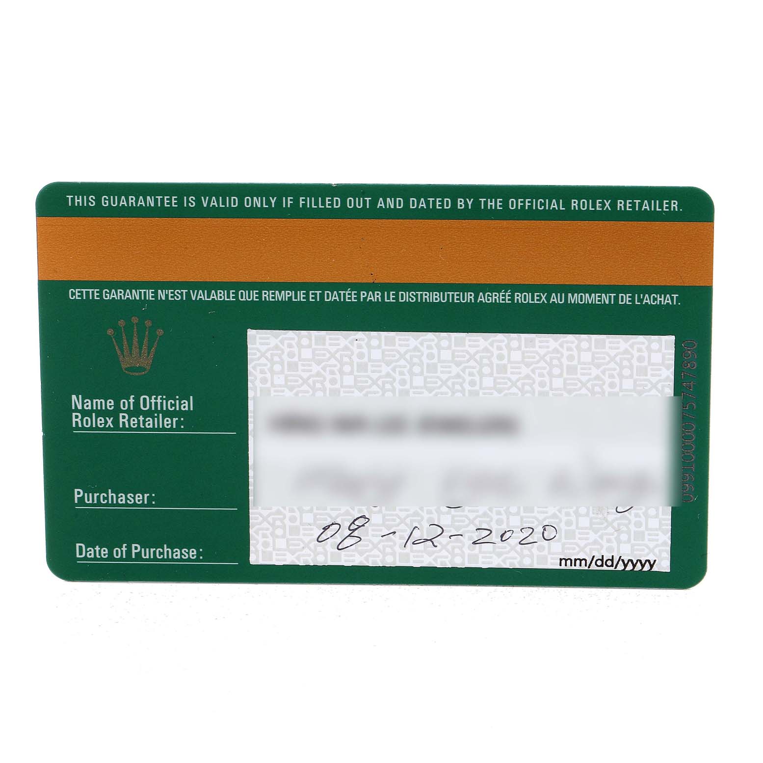 The image shows a warranty card for a Rolex President 278288 Women's Yellow Gold Mother of Pearl Dial 278288 Women's Yellow Gold Mother of Pearl Dial model, including retailer, purchaser, and date of purchase details.