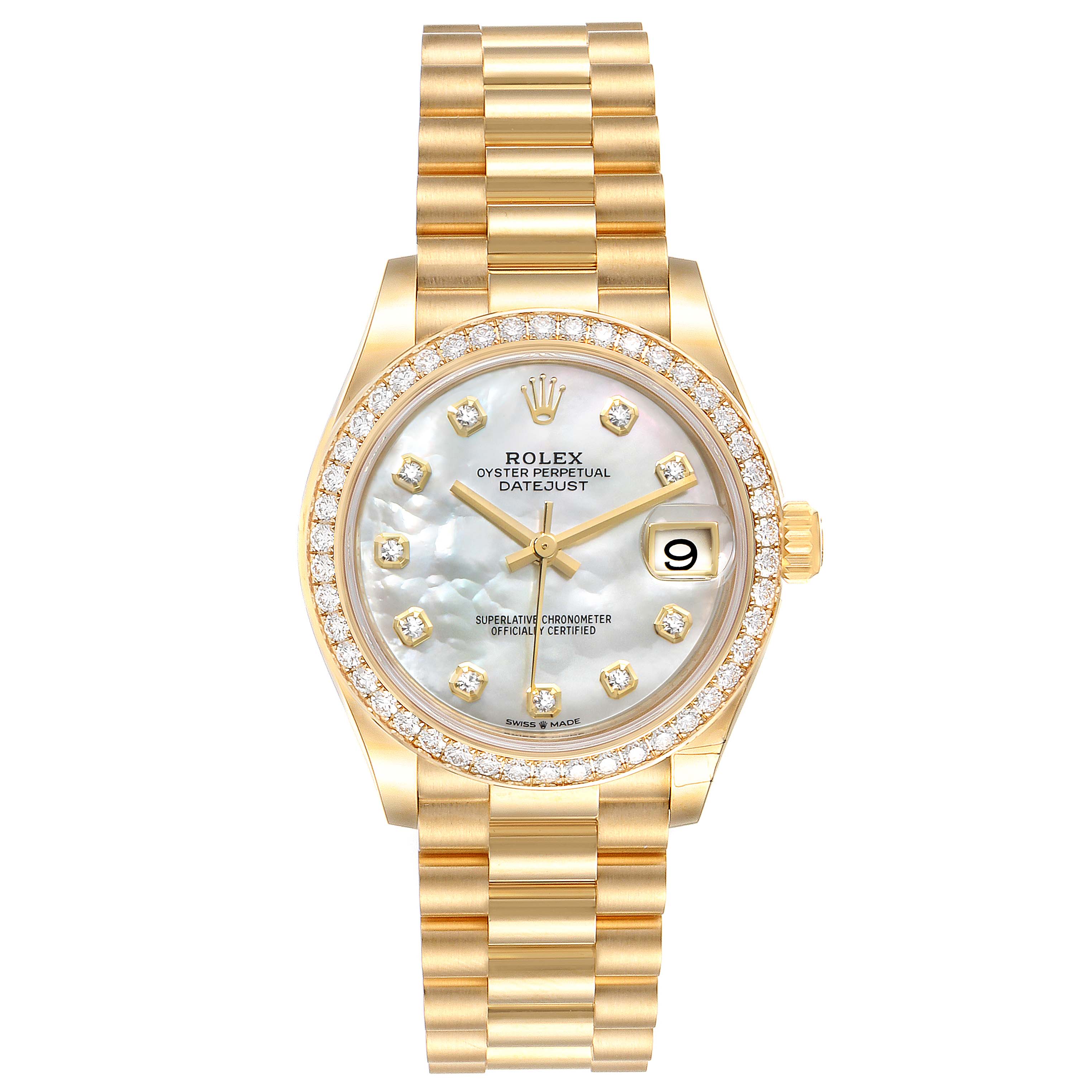 The image shows a front view of a Rolex President 278288 Women's Yellow Gold Mother of Pearl Dial 278288 Women's Yellow Gold Mother of Pearl Dial model, displaying the dial, bezel, crown, and bracelet.