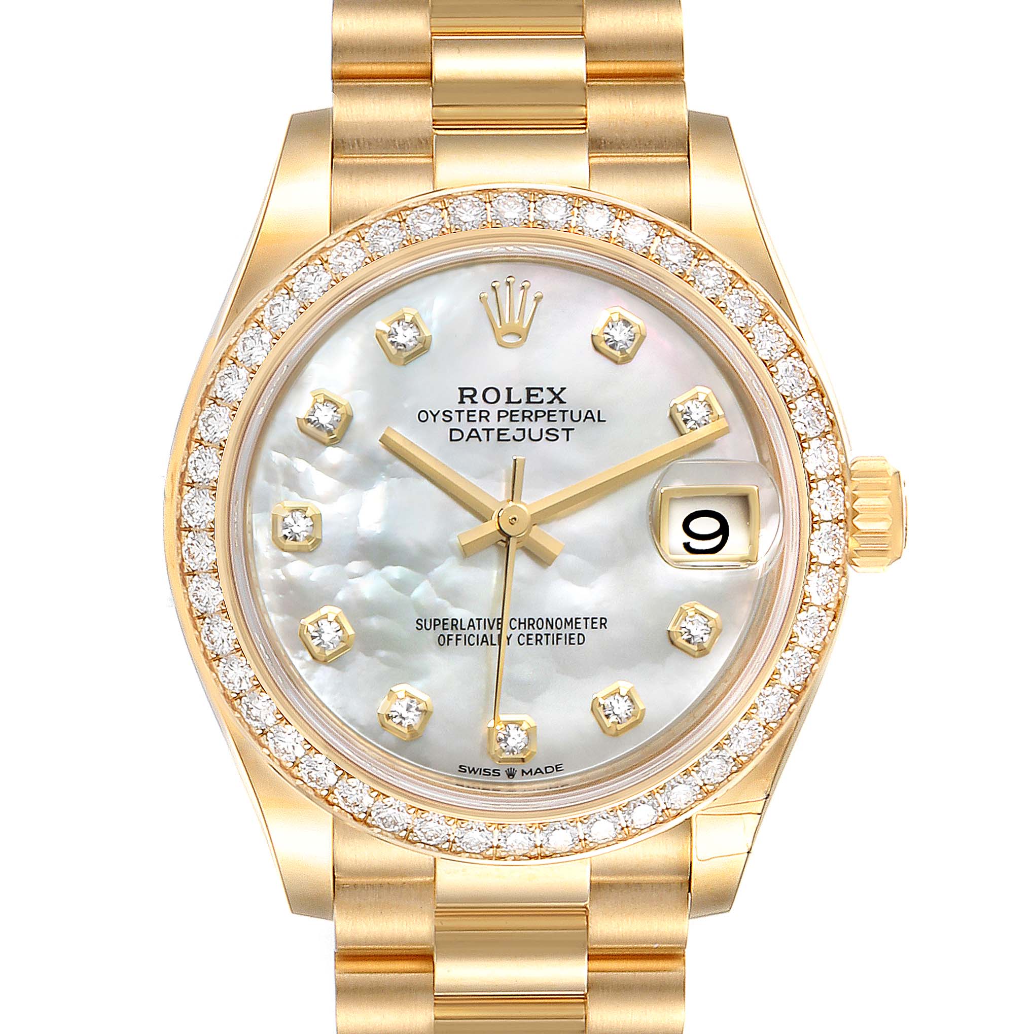 This President model Rolex watch is shown from a top-down angle displaying its face, bezel, and part of the bracelet.