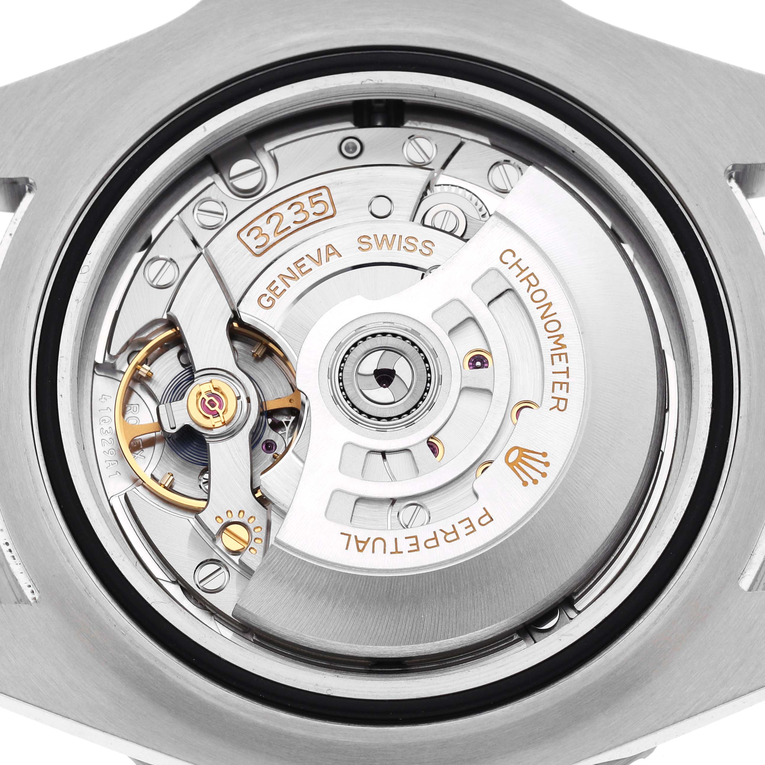 The image shows a close-up of the Rolex Sea-Dweller 126600 Men's Stainless Steel Black Dial’s movement, highlighting the rotor and intricate mechanical components.