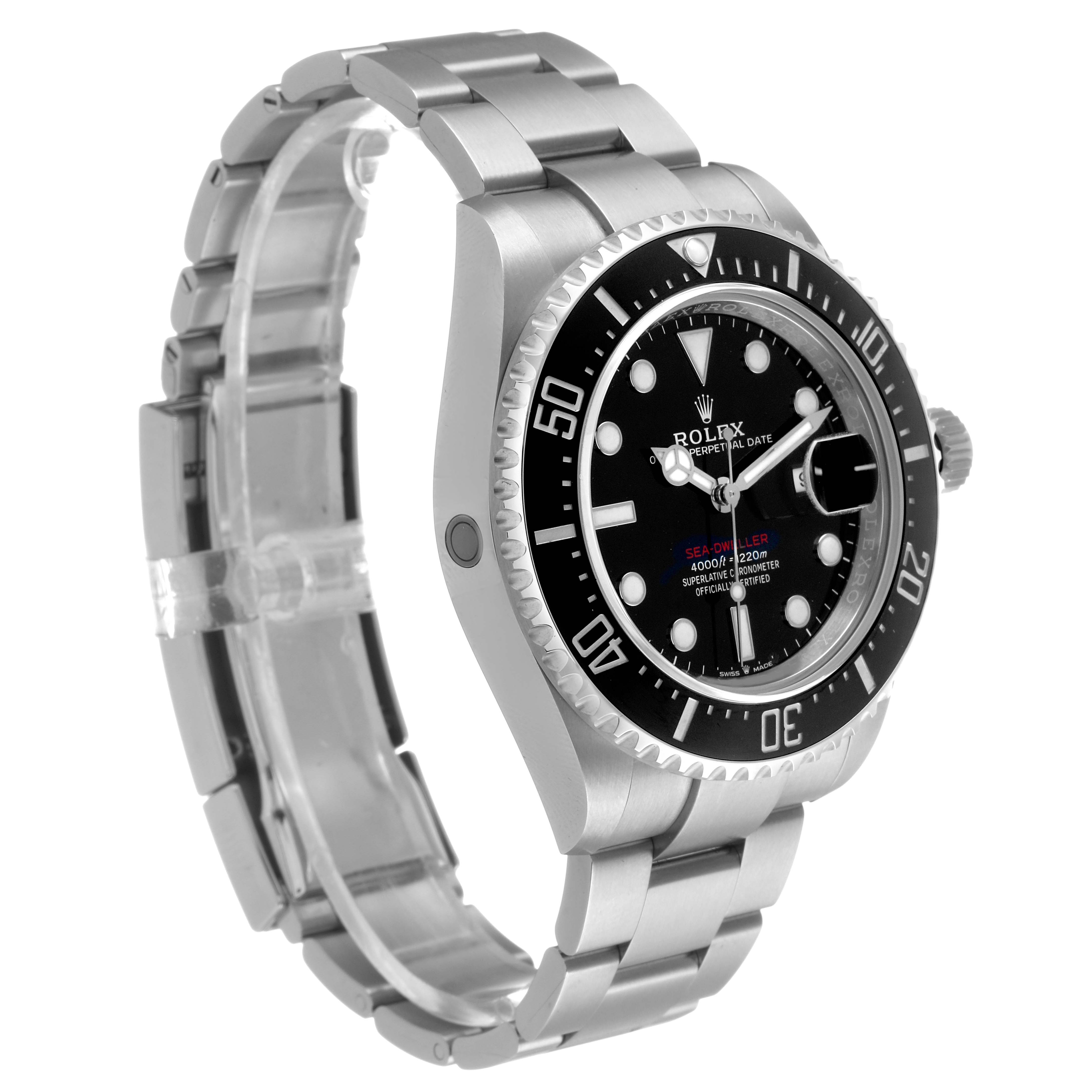 The Rolex Sea-Dweller 126600 Men's Stainless Steel Black Dial watch is shown at a slight angle, highlighting the face, bezel, case, and bracelet.