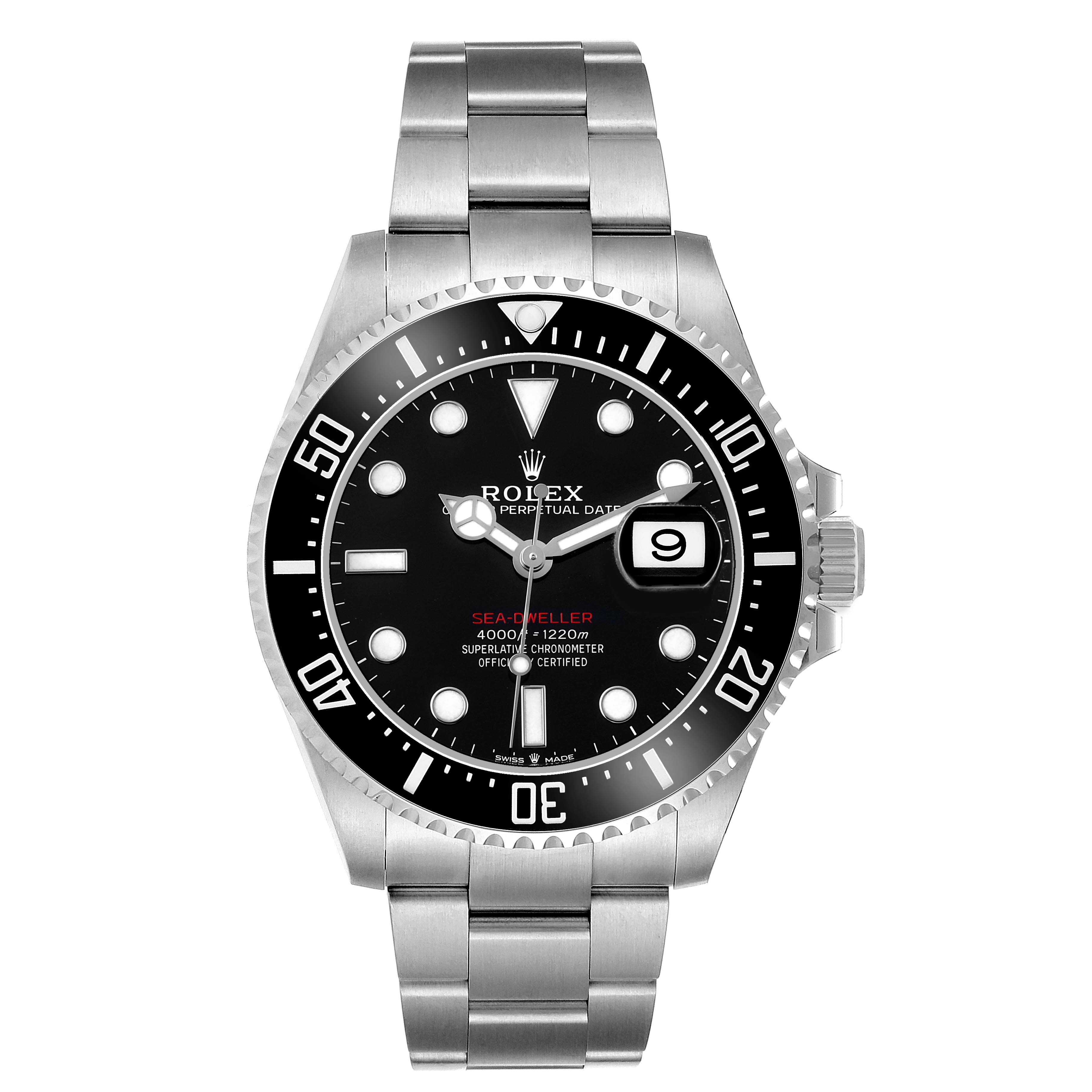 The Rolex Sea-Dweller 126600 Men's Stainless Steel Black Dial watch is shown from a front angle, displaying the face, bezel, and metal bracelet.