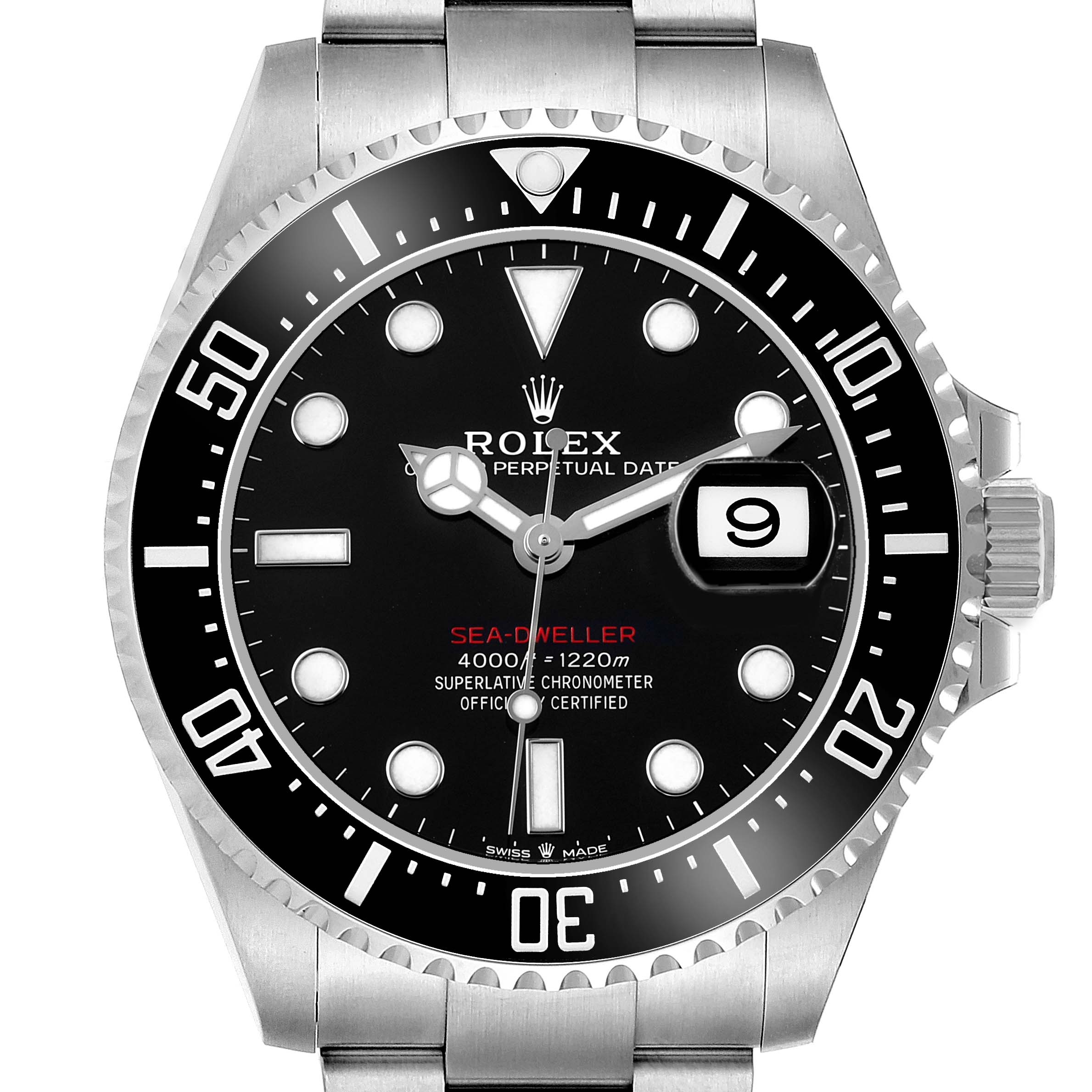 The Rolex Sea-Dweller 126600 Men's Stainless Steel Black Dial watch is shown from the front, displaying the dial, bezel, and part of the bracelet.