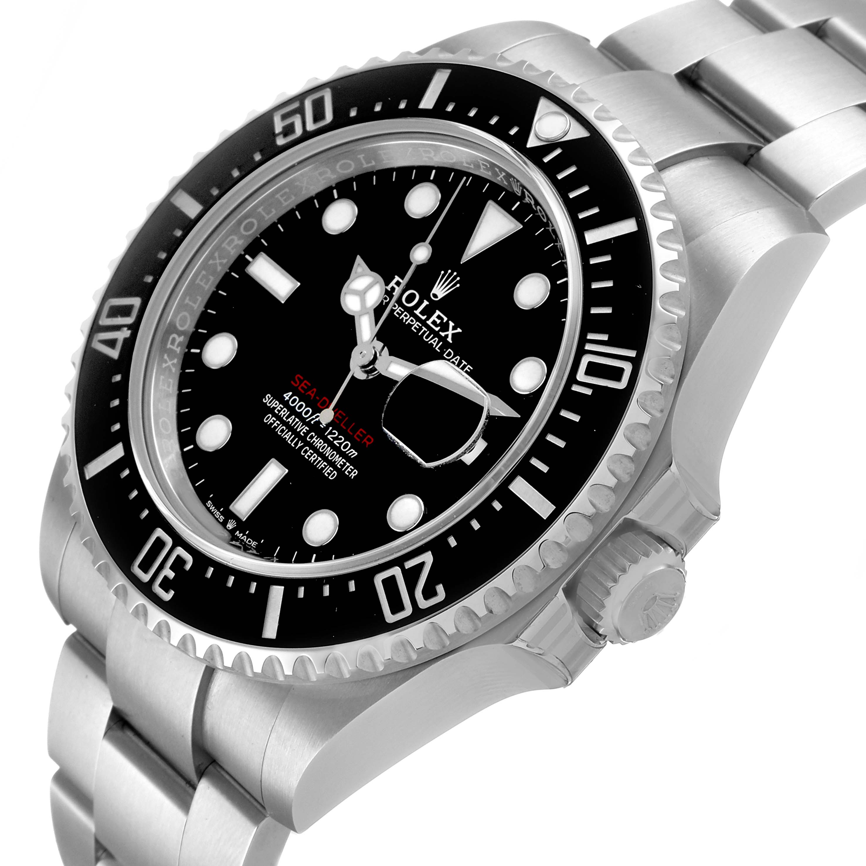 The Rolex Sea-Dweller 126600 Men's Stainless Steel Black Dial is shown at a three-quarter angle, highlighting the bezel, dial, and part of the bracelet.