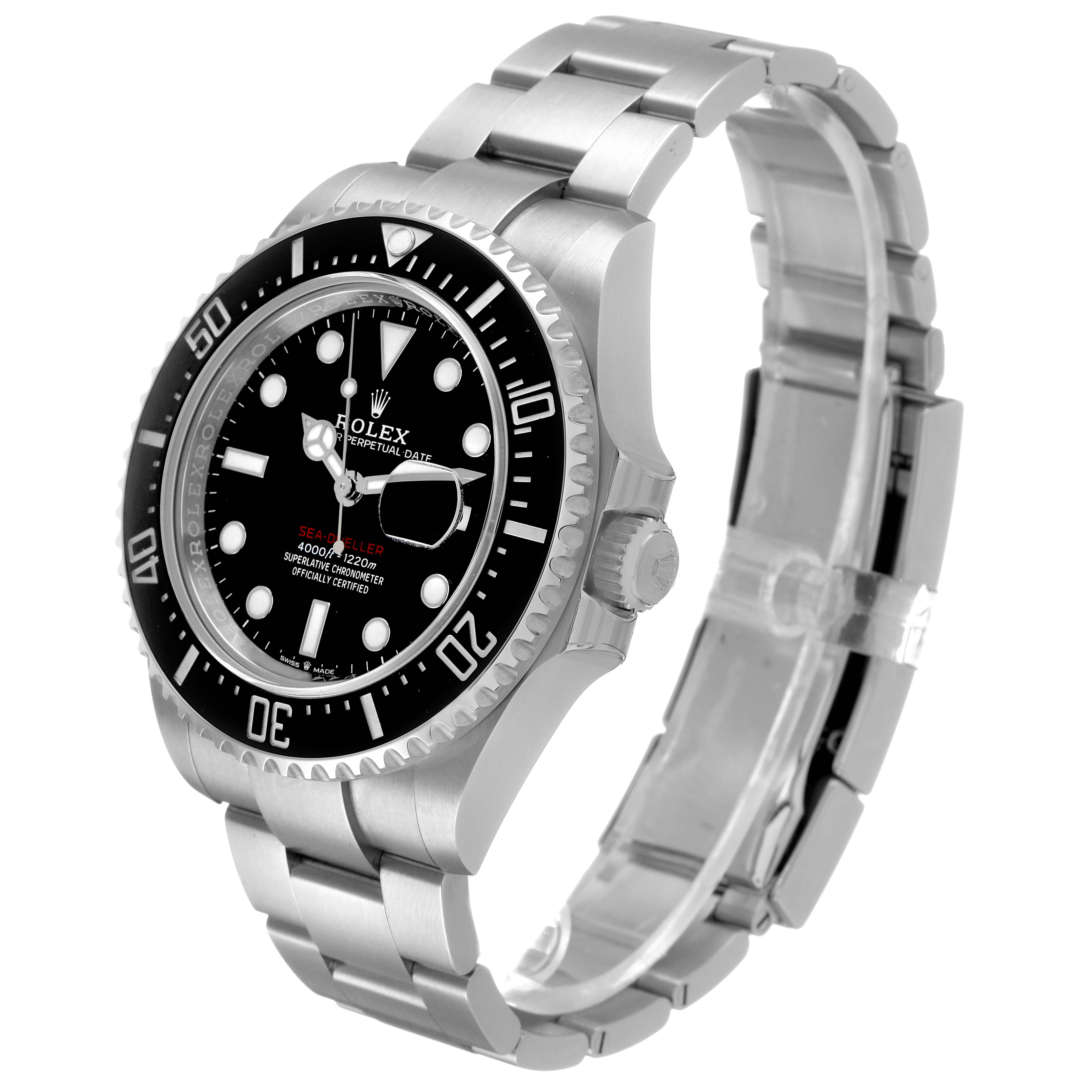 The Rolex Sea-Dweller 126600 Men's Stainless Steel Black Dial is shown at a three-quarter angle, highlighting the dial, bezel, bracelet, and crown.