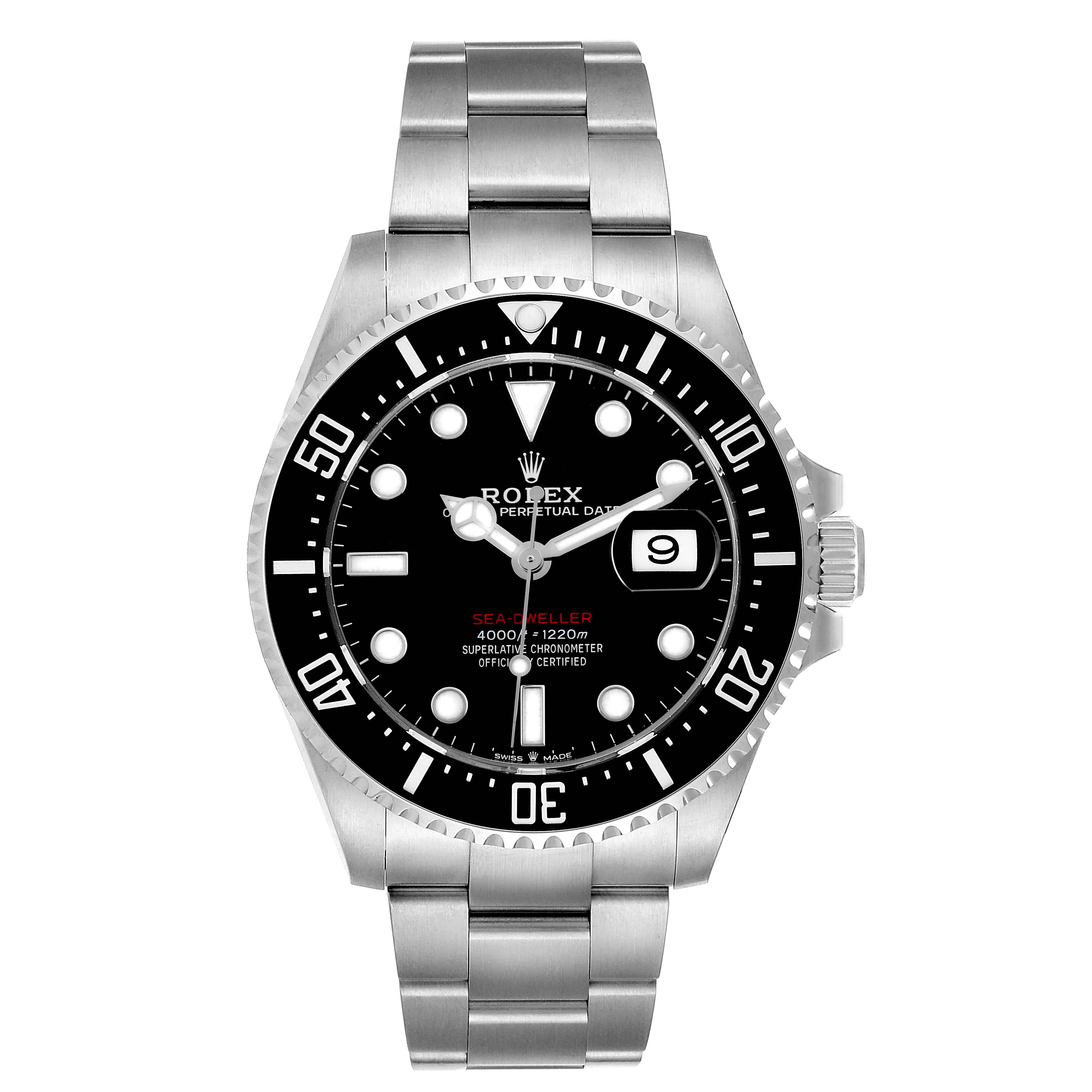 The Rolex Sea-Dweller 126600 Men's Stainless Steel Black Dial watch is shown from the front, displaying its dial, bezel, bracelet, and date window.